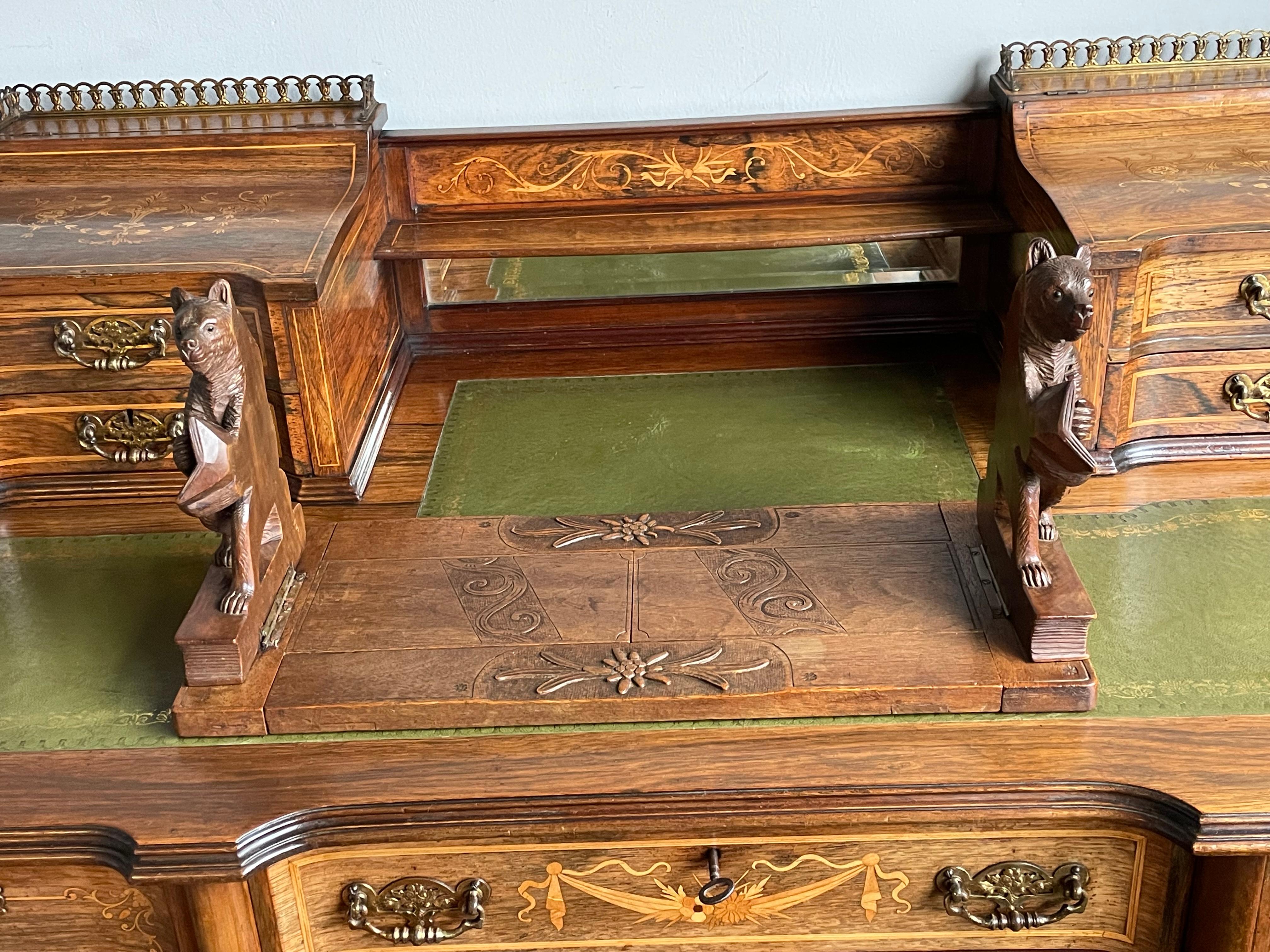 Late 1800s Black Forest Hand Carved Nutwood Book Rack w. Reading Bear Sculptures 5
