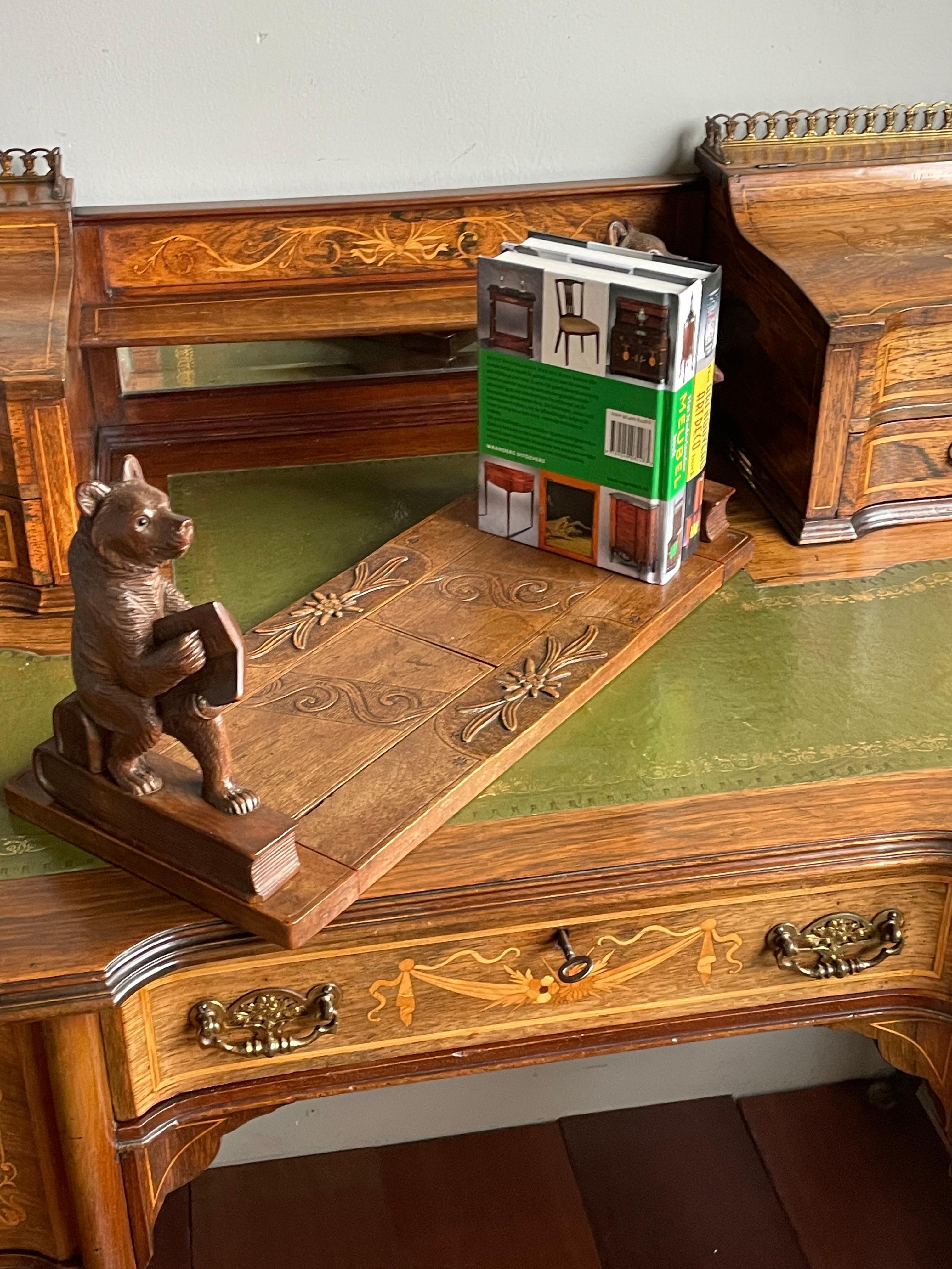 Late 1800s Black Forest Hand Carved Nutwood Book Rack w. Reading Bear Sculptures 6