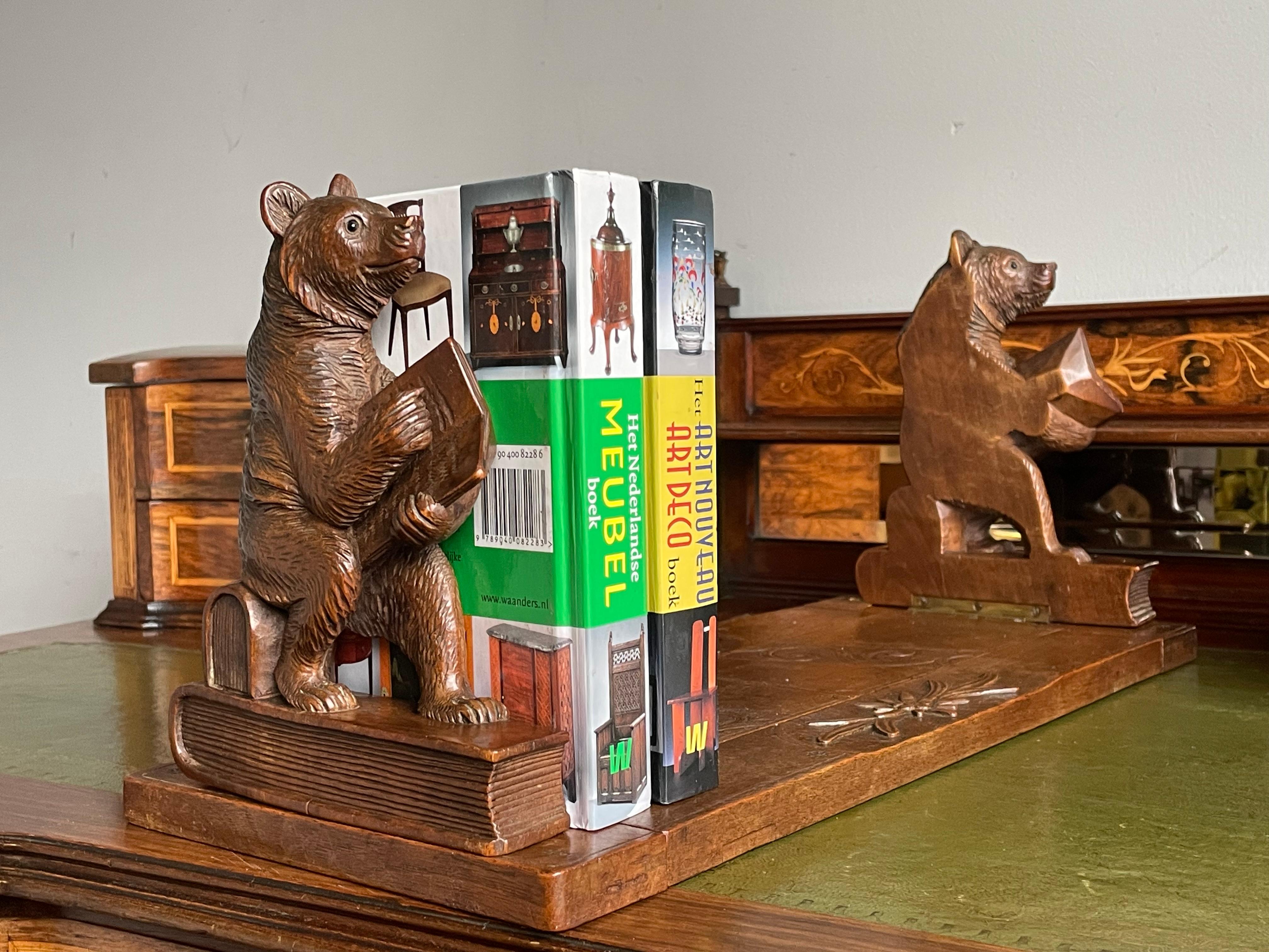 Late 1800s Black Forest Hand Carved Nutwood Book Rack w. Reading Bear Sculptures 8