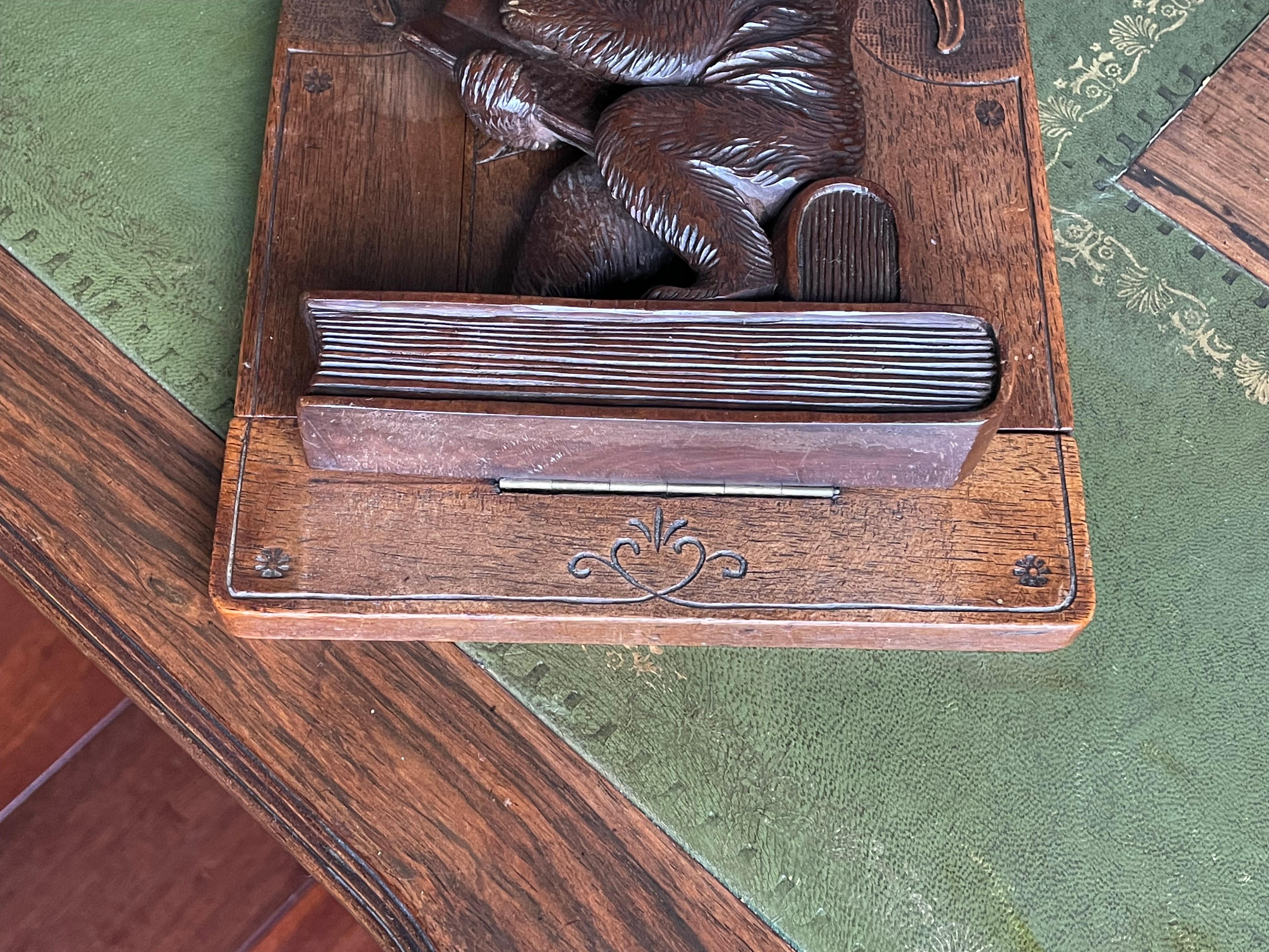 Late 1800s Black Forest Hand Carved Nutwood Book Rack w. Reading Bear Sculptures 9