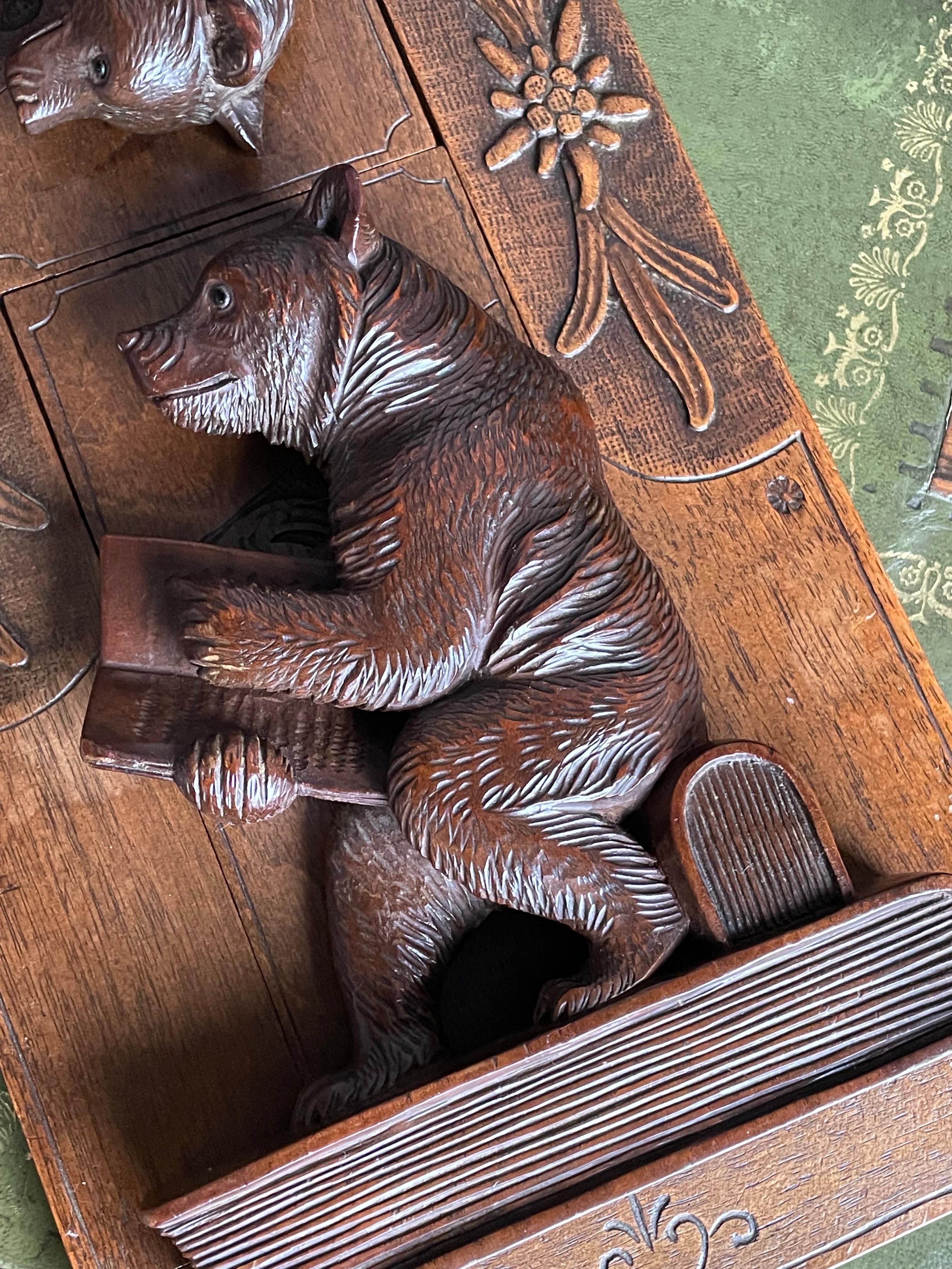 Late 1800s Black Forest Hand Carved Nutwood Book Rack w. Reading Bear Sculptures 10