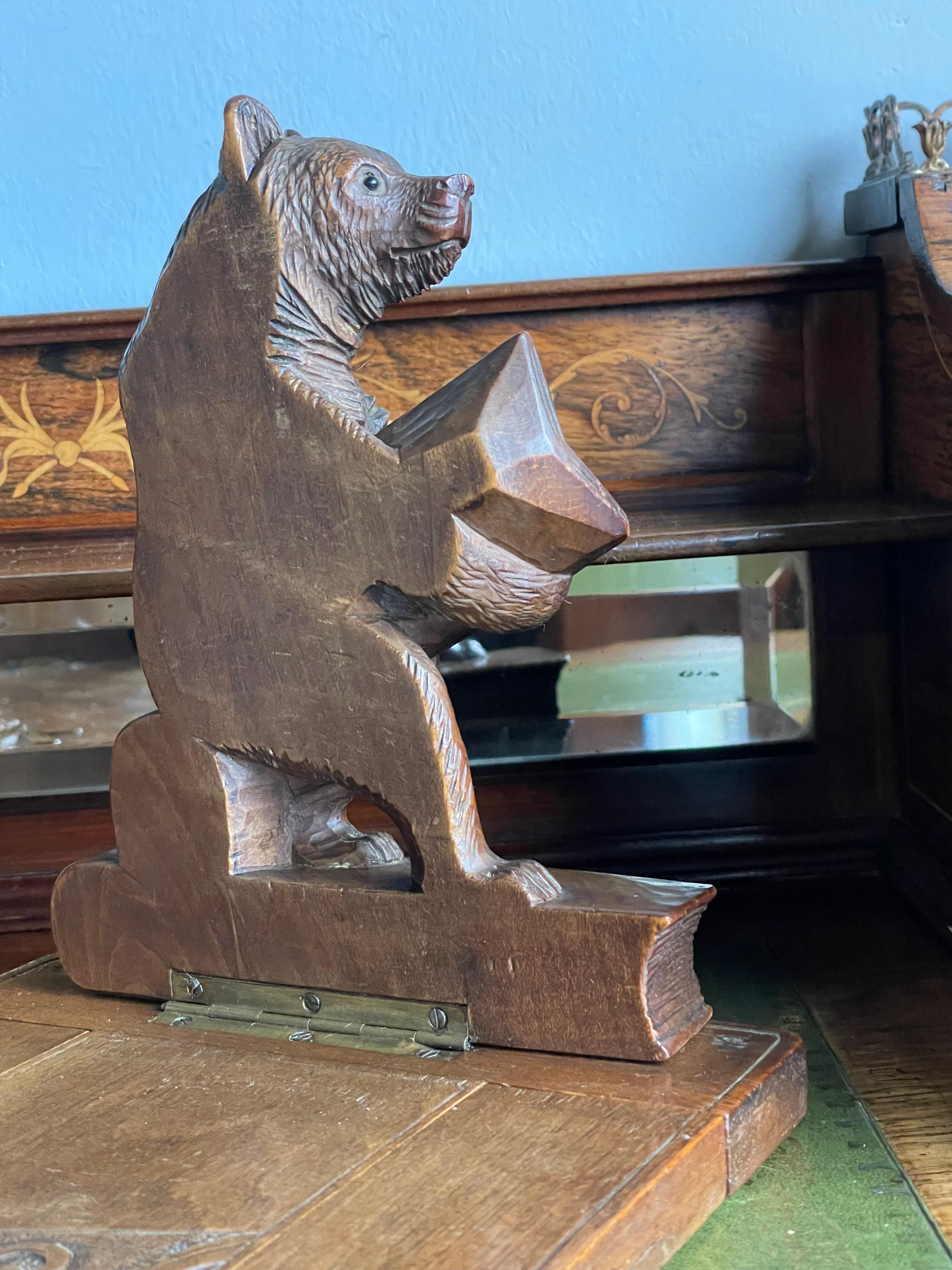 Late 1800s Black Forest Hand Carved Nutwood Book Rack w. Reading Bear Sculptures 13