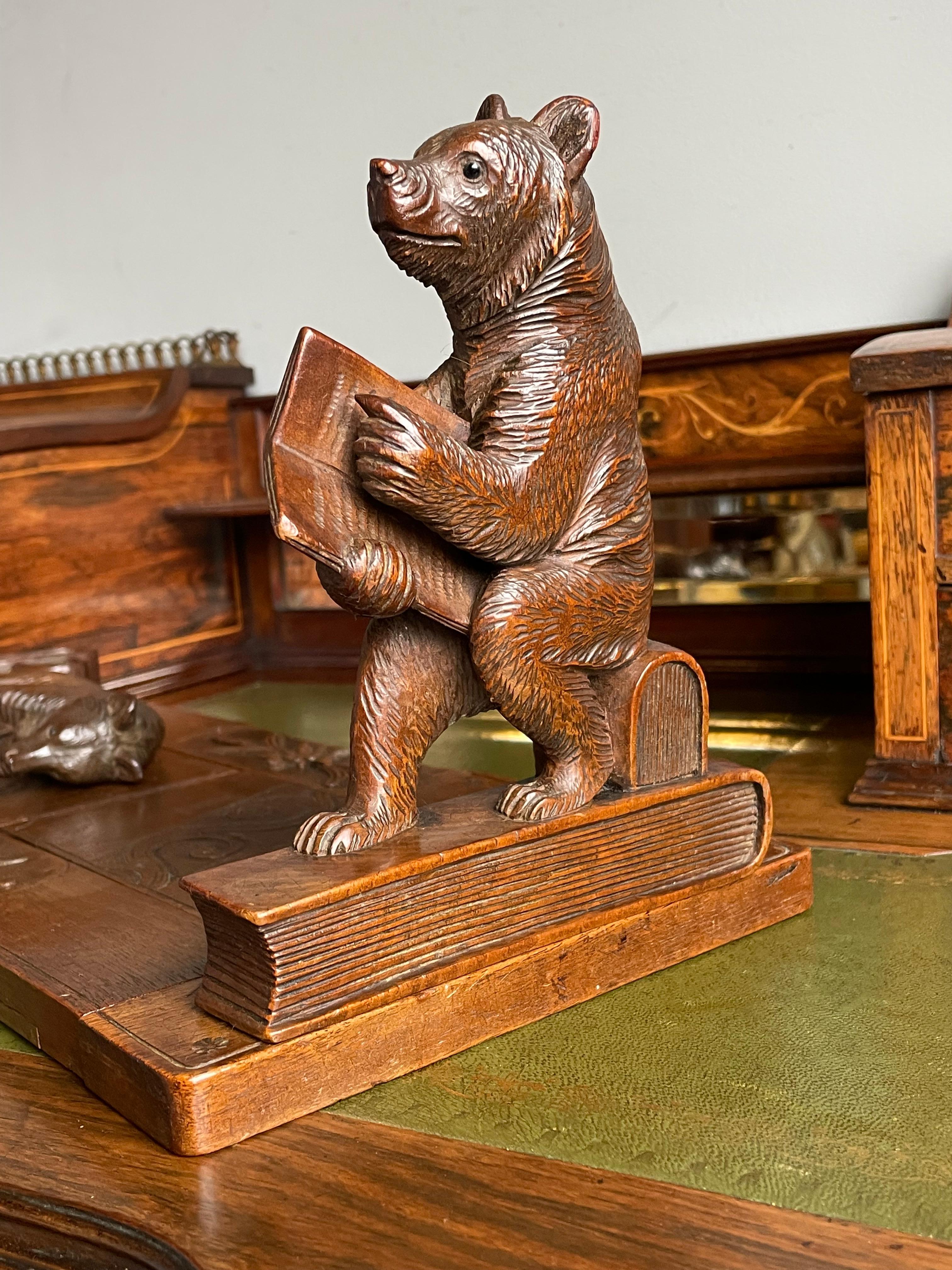 Hand-Carved Late 1800s Black Forest Hand Carved Nutwood Book Rack w. Reading Bear Sculptures
