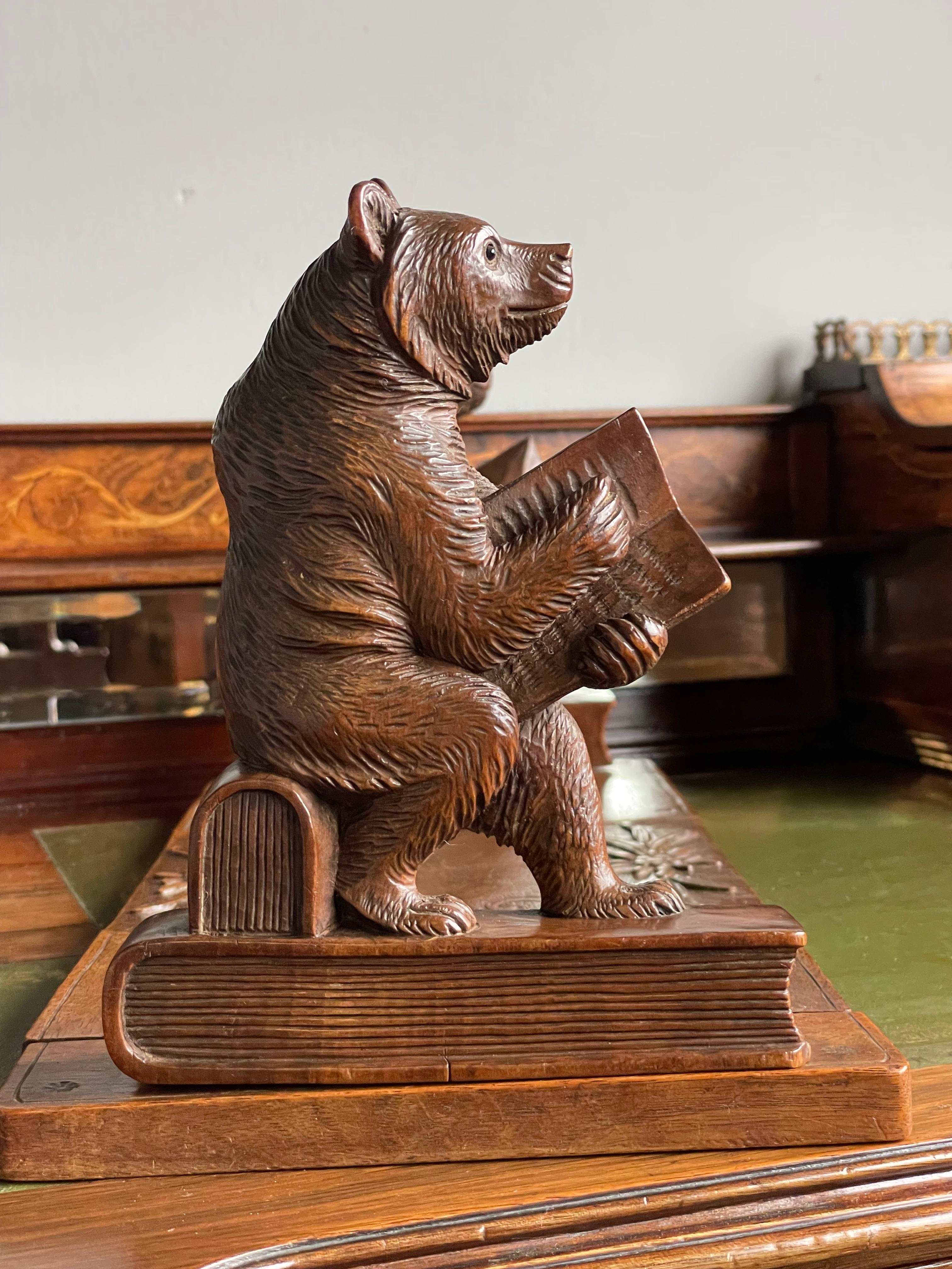 Brass Late 1800s Black Forest Hand Carved Nutwood Book Rack w. Reading Bear Sculptures