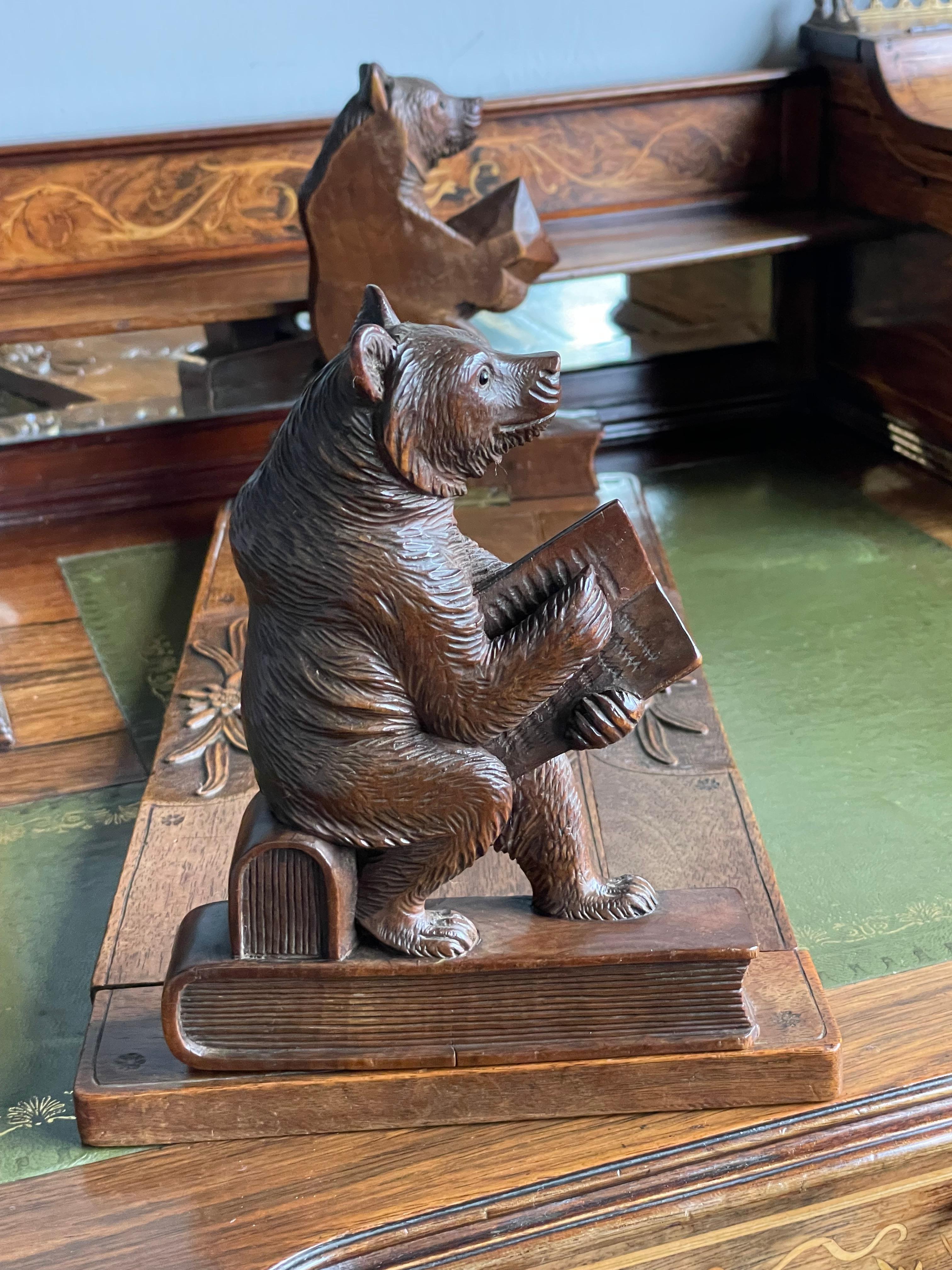 Late 1800s Black Forest Hand Carved Nutwood Book Rack w. Reading Bear Sculptures 1