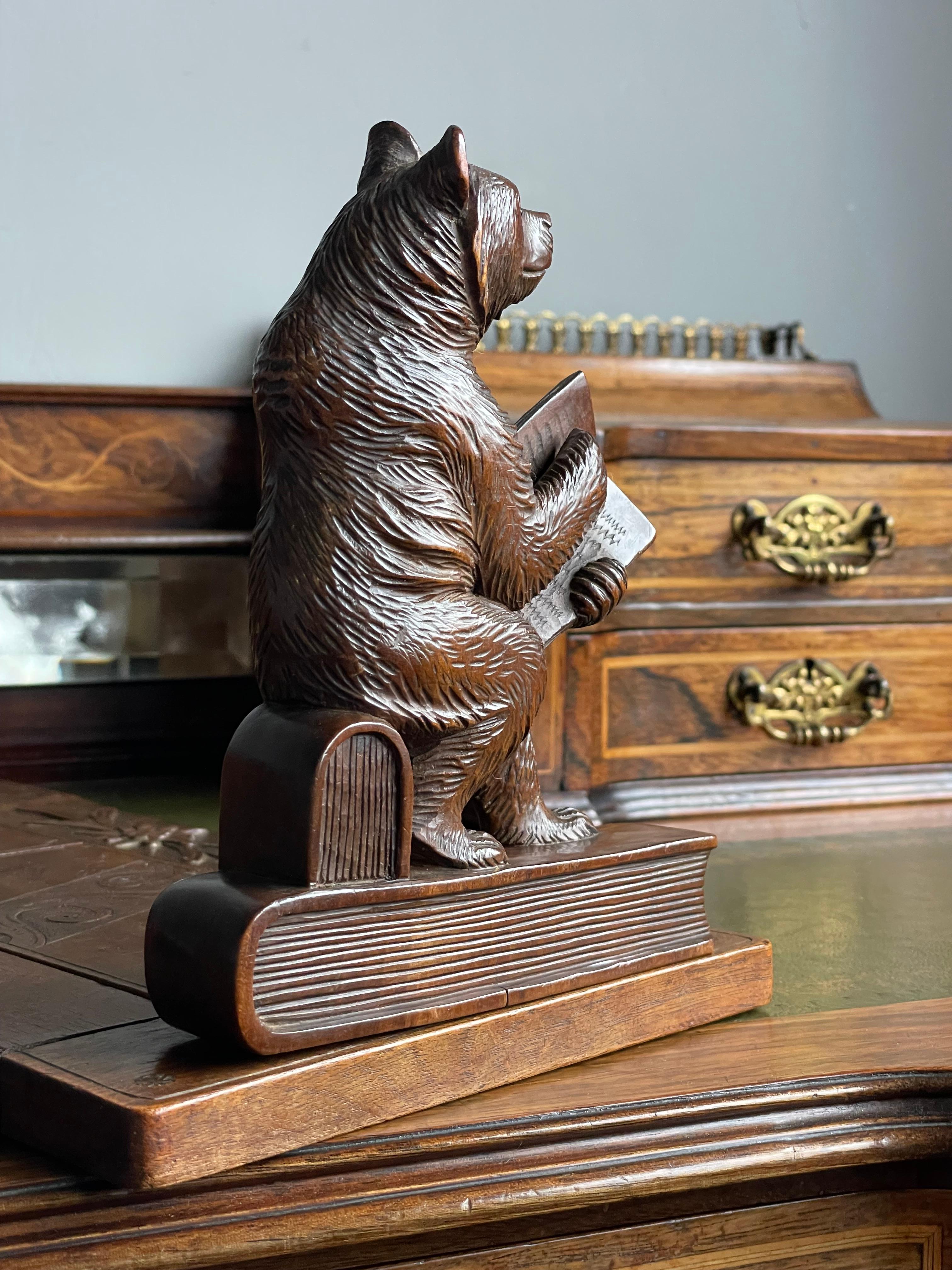 Late 1800s Black Forest Hand Carved Nutwood Book Rack w. Reading Bear Sculptures 2