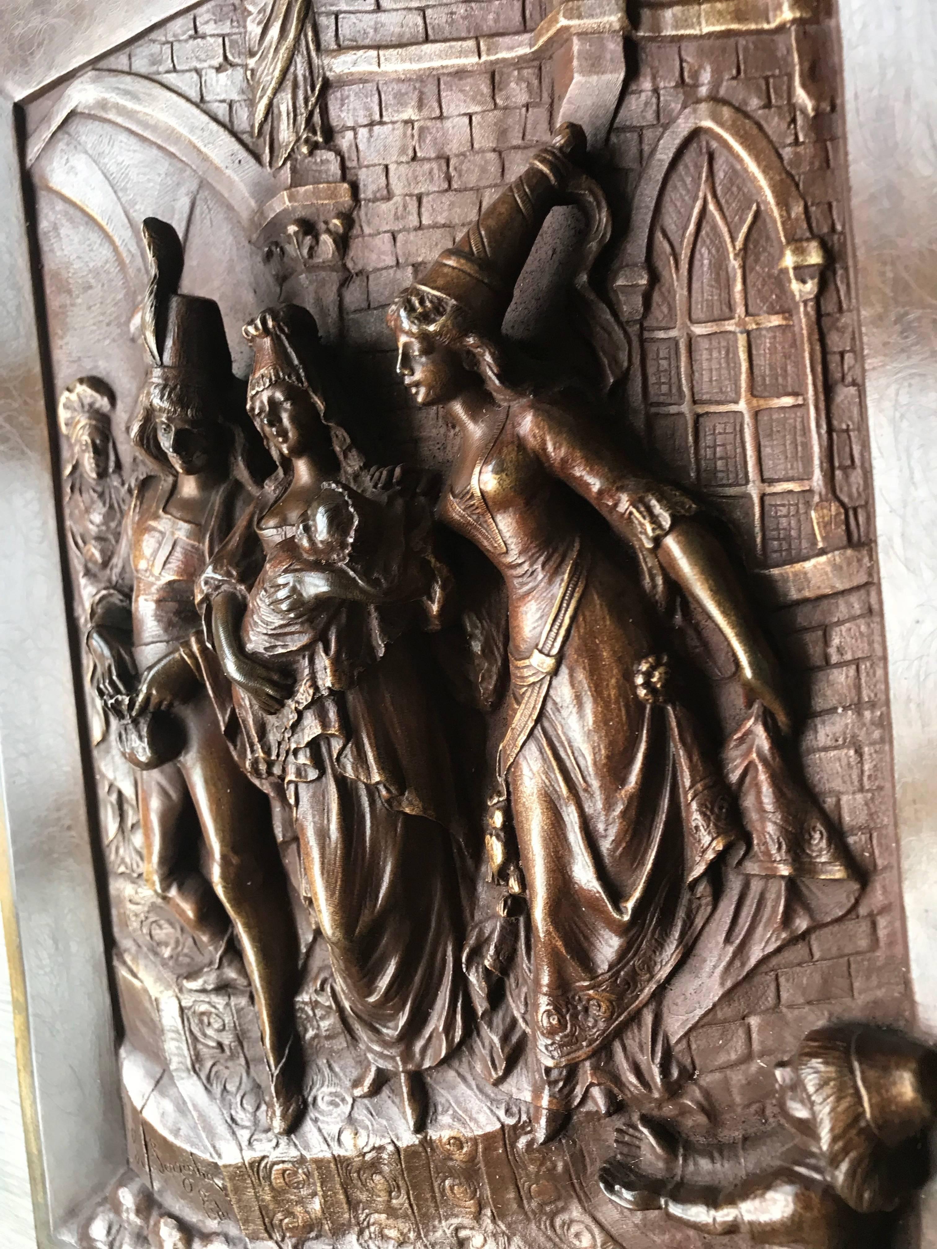 Hand-Crafted Late 1800s Bronze Wall Plaque by Leon Perzinka Depicting Birth Scene Celebration