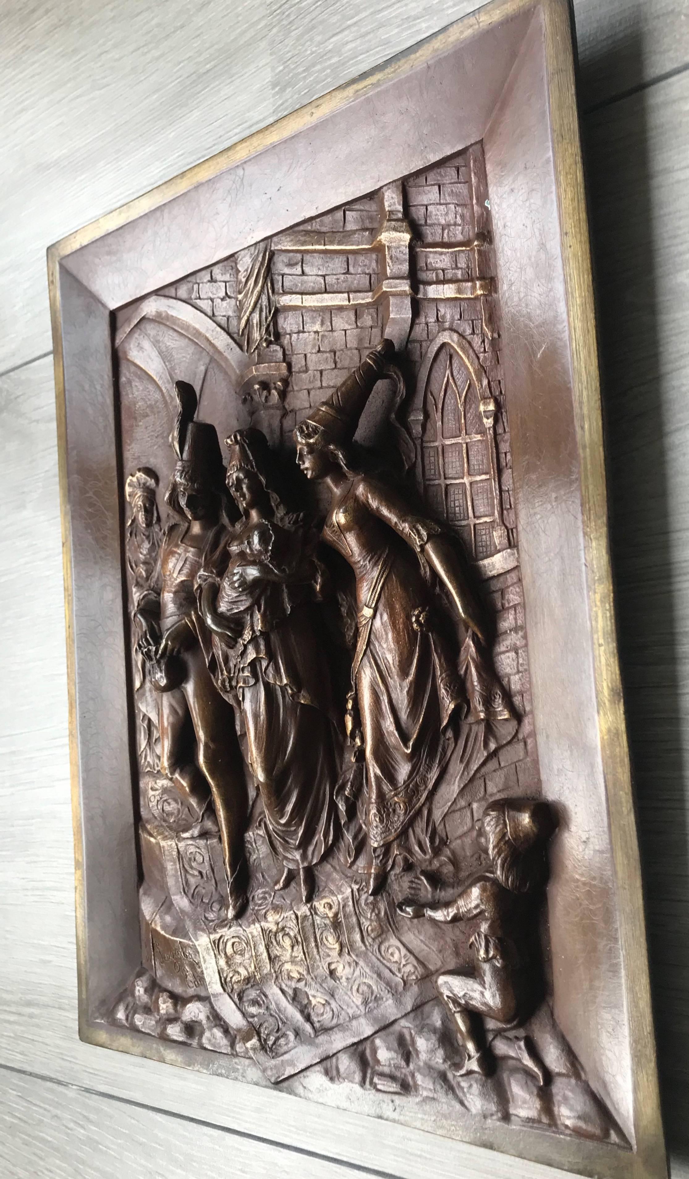 Late 1800s Bronze Wall Plaque by Leon Perzinka Depicting Birth Scene Celebration In Excellent Condition In Lisse, NL