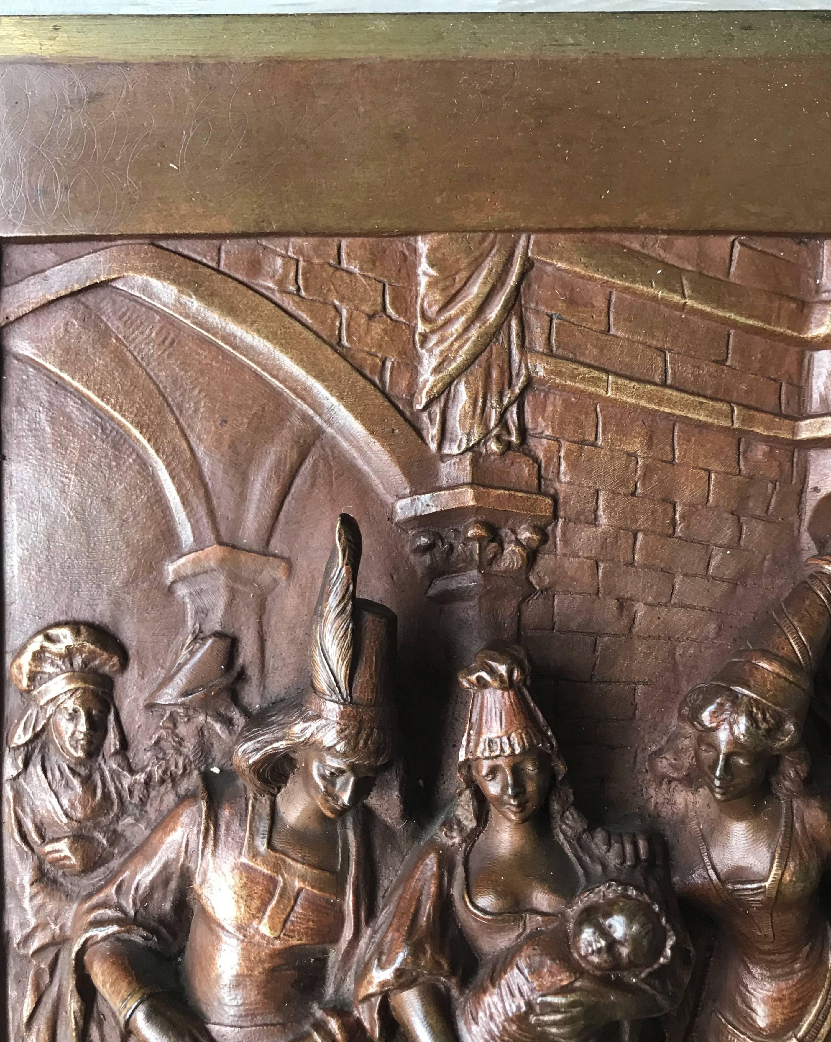 Späte 1800er Bronze Wandtafel von Leon Perzinka Darstellung der Geburt Szene Feier 1