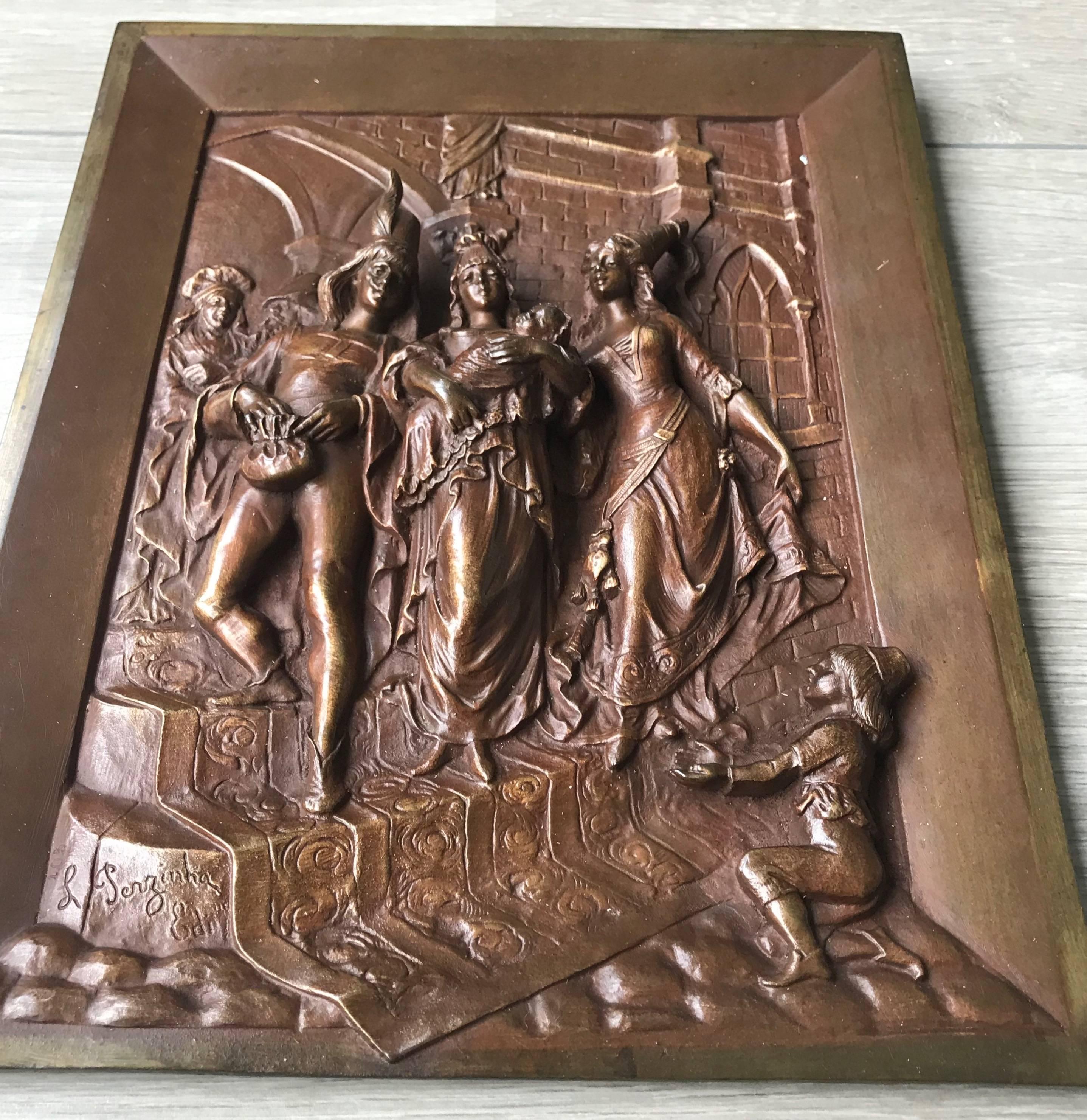 Late 1800s Bronze Wall Plaque by Leon Perzinka Depicting Birth Scene Celebration 1