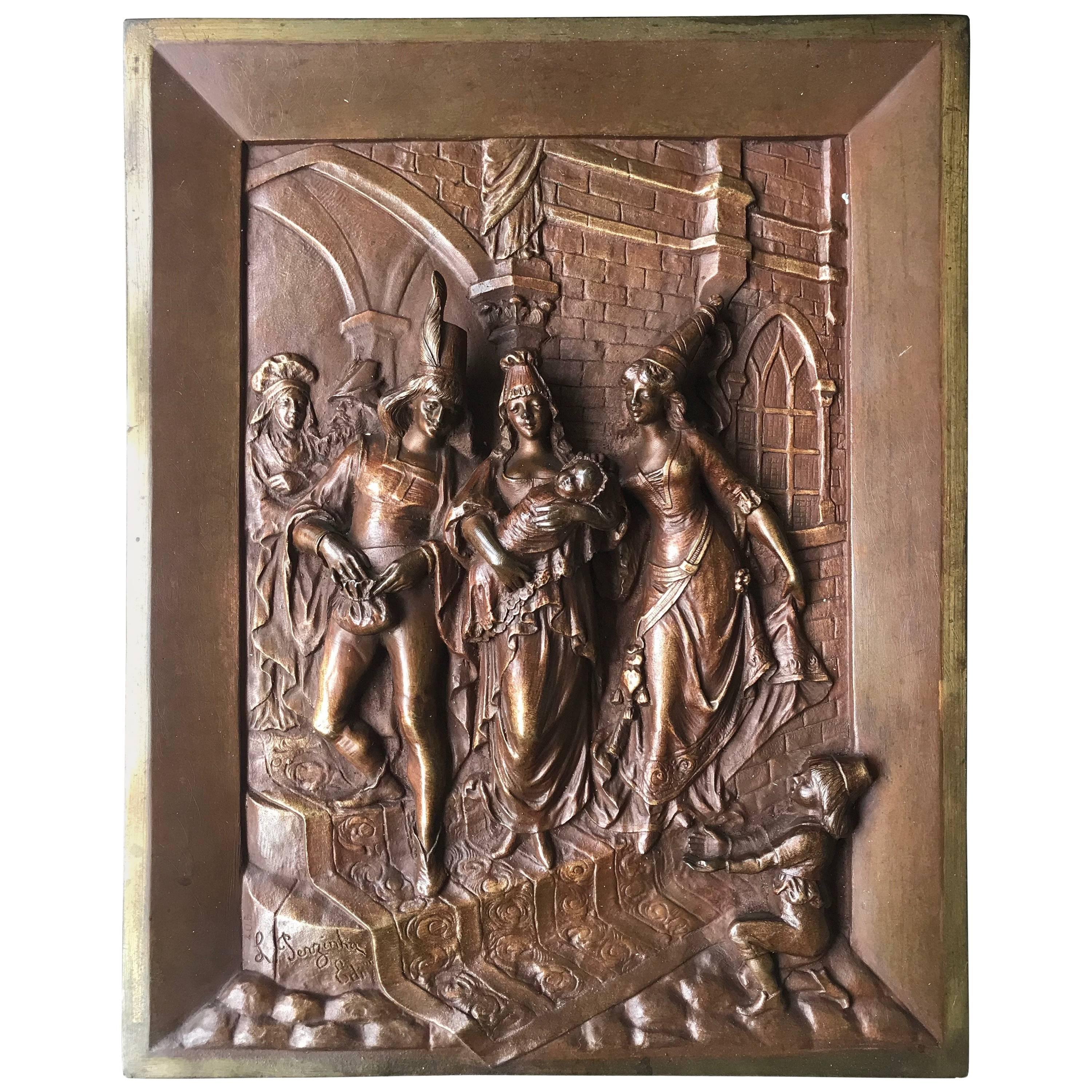 Späte 1800er Bronze Wandtafel von Leon Perzinka Darstellung der Geburt Szene Feier