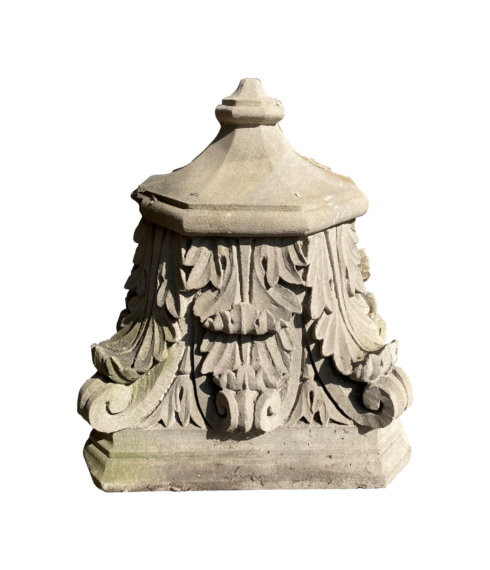 Carved limestone acanthus leaf architectural corbels. Reclaimed from a 19th century Long Island, NY hospital. These could be used as wall mounted shelves or shelf brackets or a unique piece in a garden. Small quantity available at time of posting.