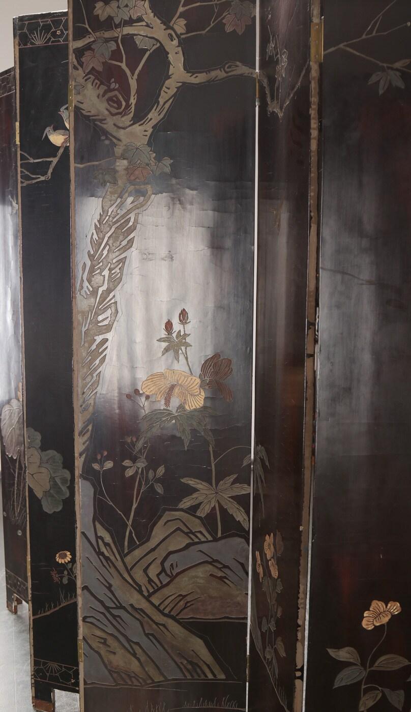 Late 1800s Chinese Lacquer Screen Room Divider H224cm W320cm In Distressed Condition For Sale In London, GB