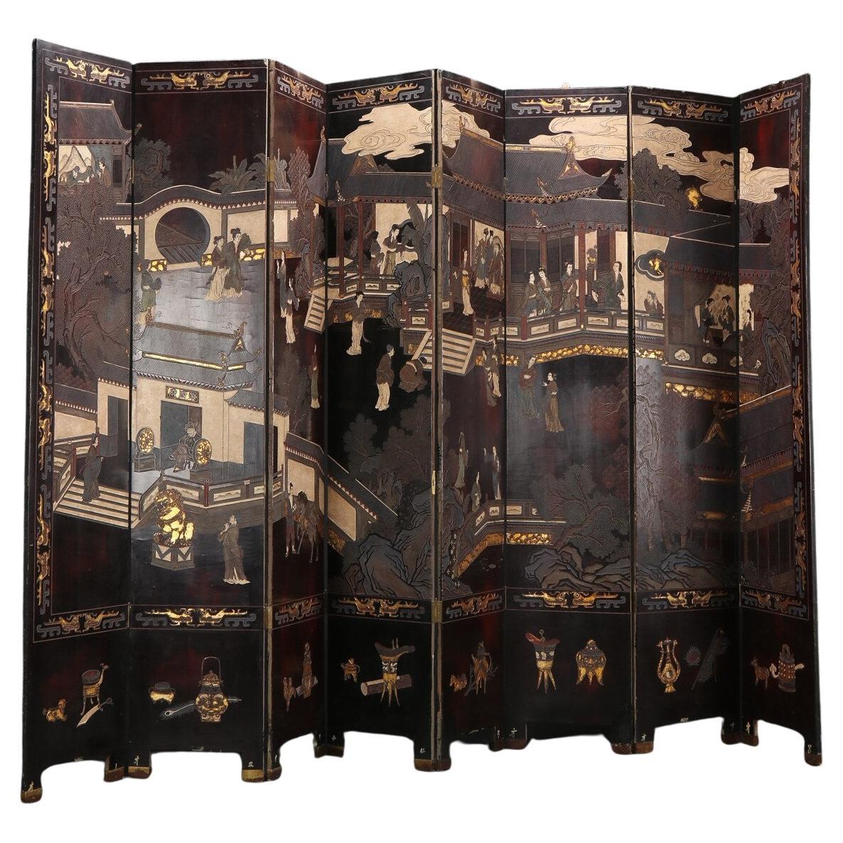 Late 1800s Chinese Lacquer Screen Room Divider H224cm W320cm For Sale