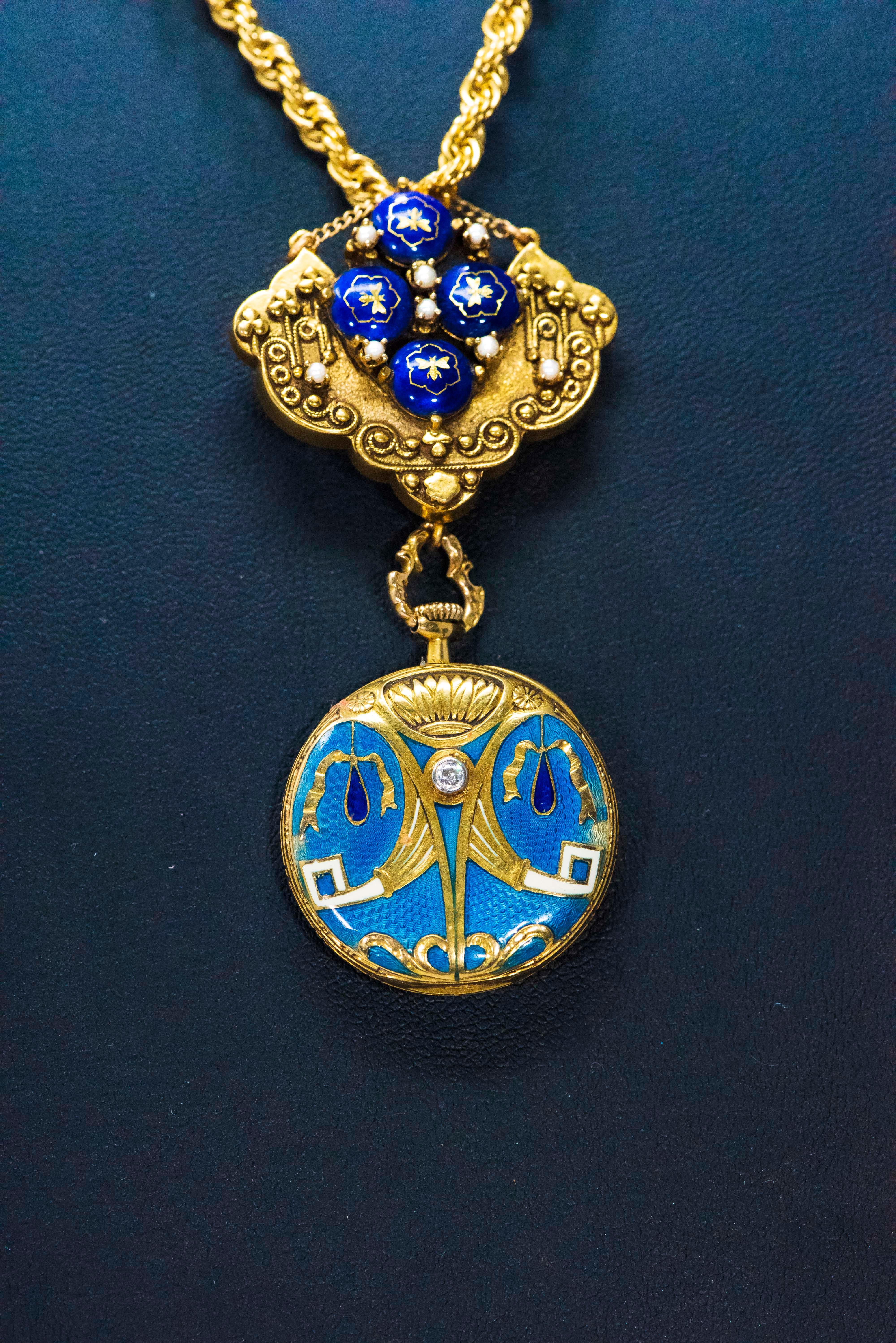 Late 1800s Egyptian Revival Pearl Enamel Diamond Longines Pendant Brooch Watch For Sale 5