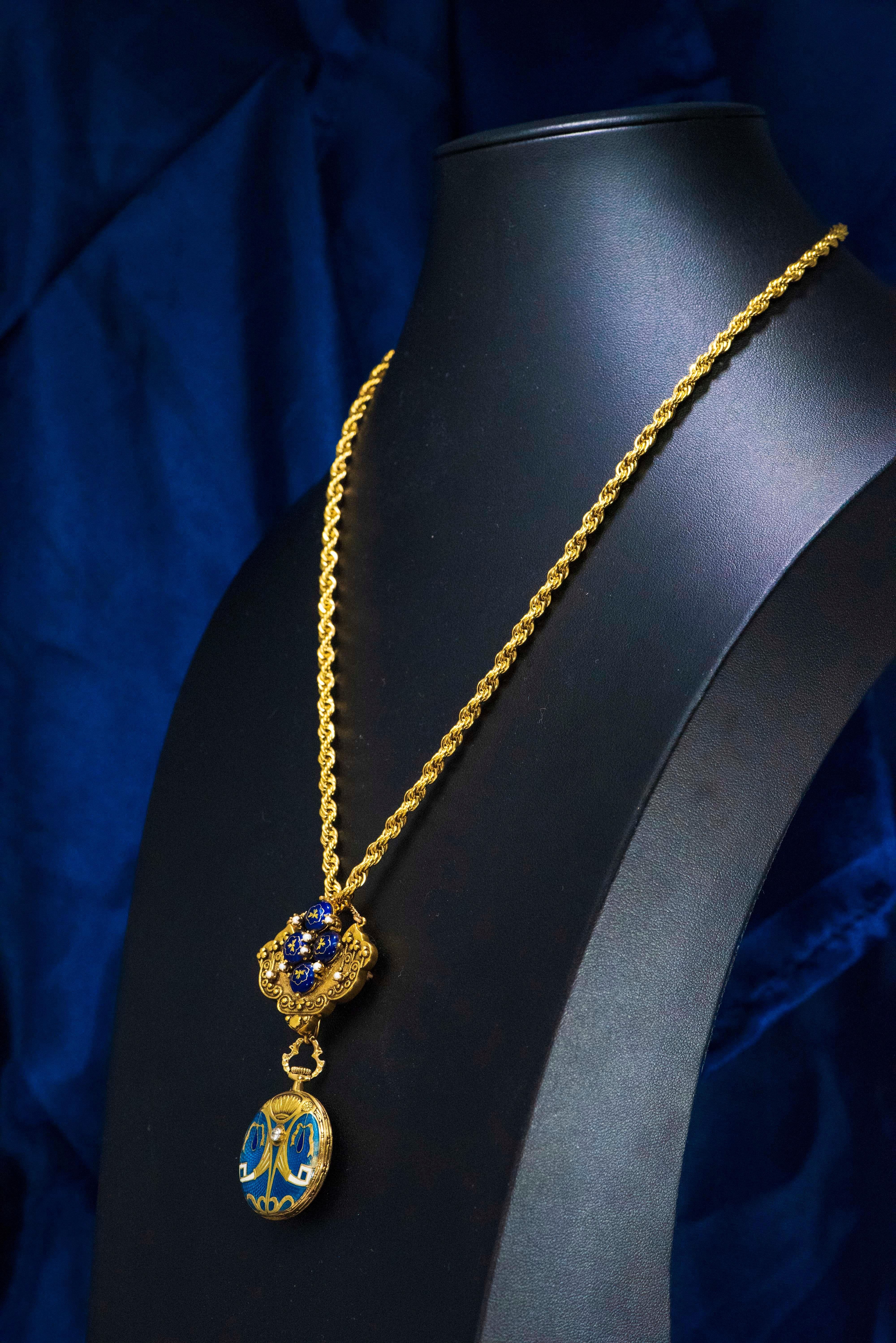 Late 1800s Egyptian Revival Pearl Enamel Diamond Longines Pendant Brooch Watch For Sale 6