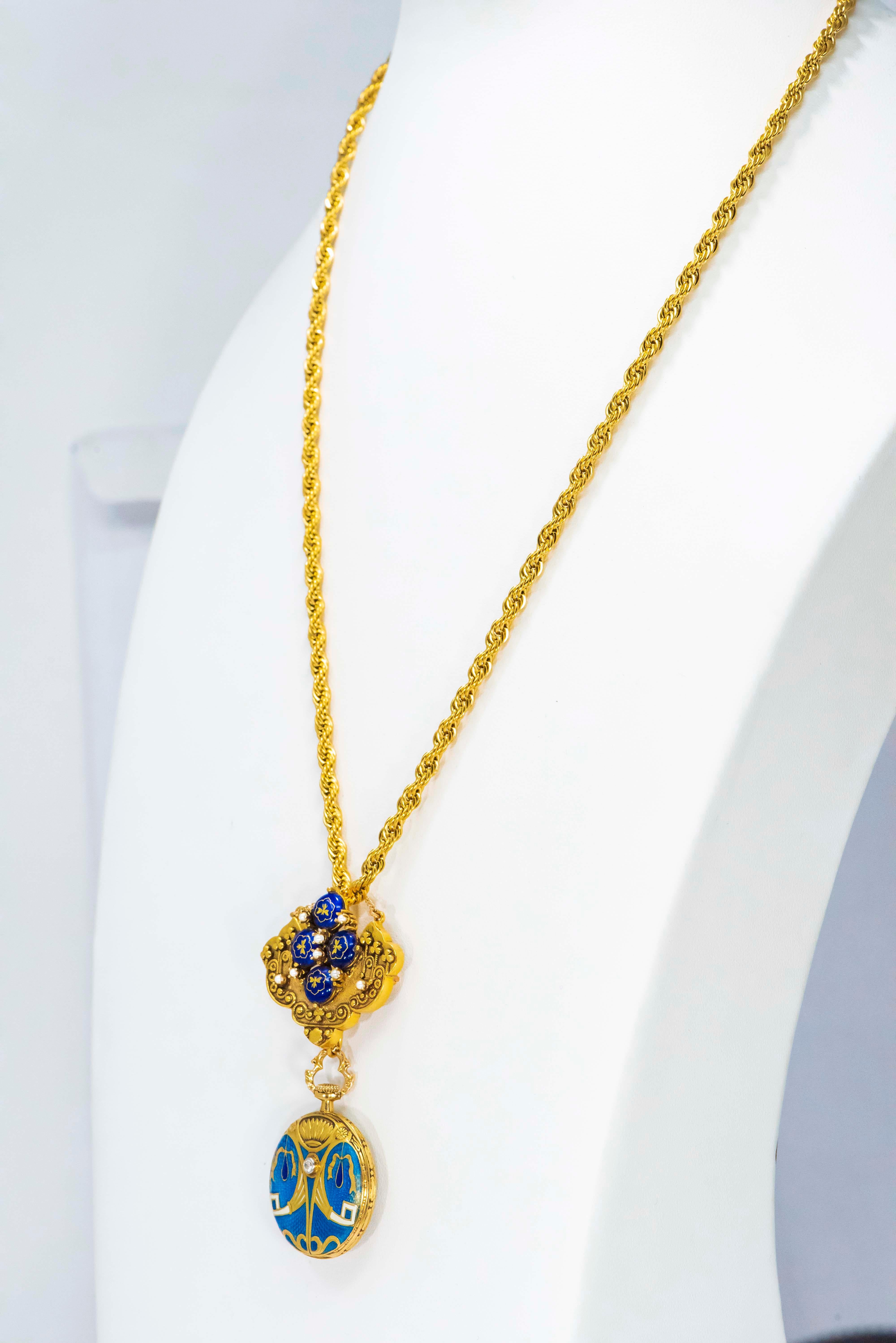 Late 1800s Egyptian Revival Pearl Enamel Diamond Longines Pendant Brooch Watch For Sale 8