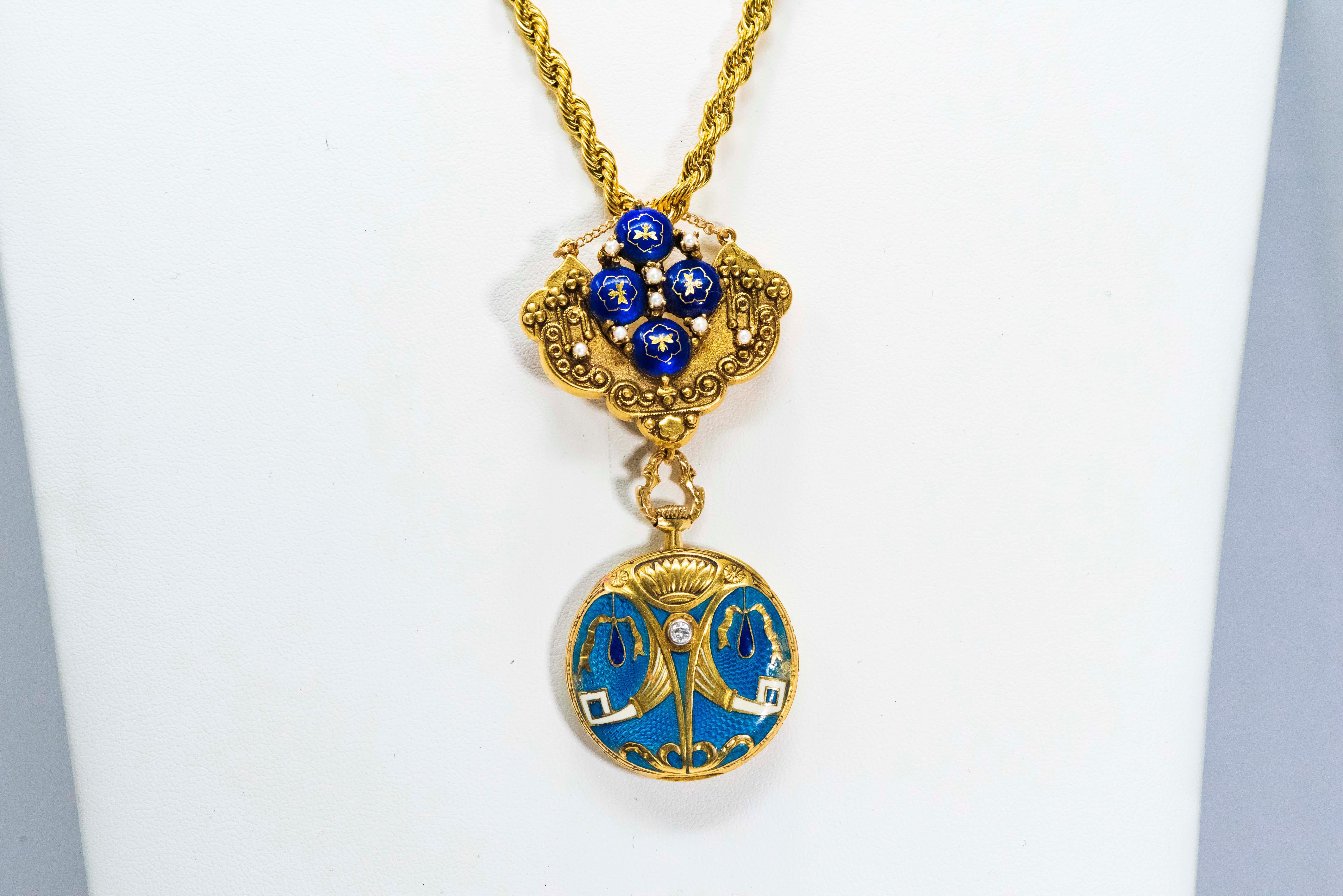 Late 1800s Egyptian Revival Pearl Enamel Diamond Longines Pendant Brooch Watch For Sale 9
