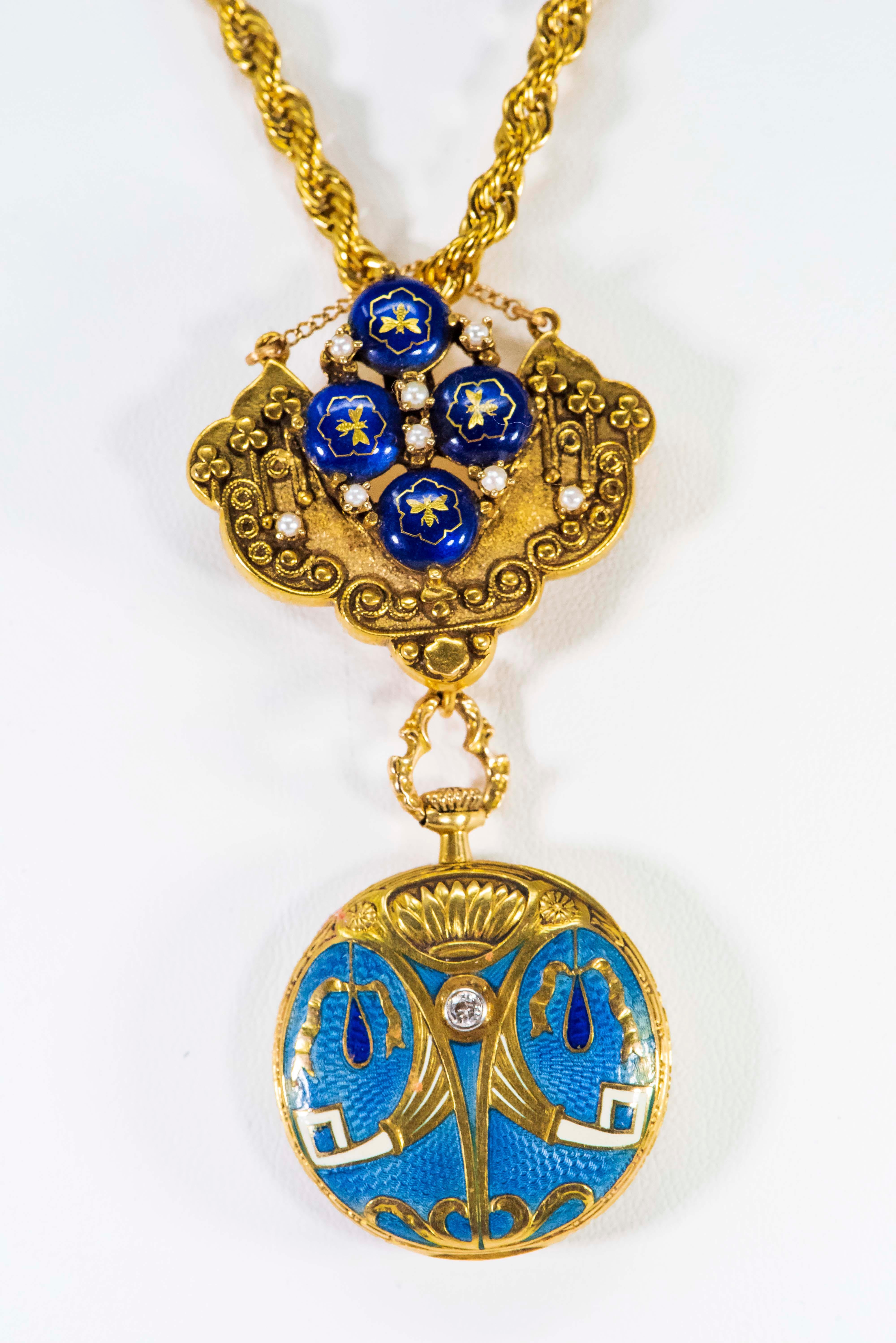 Late 1800s Egyptian Revival Pearl Enamel Diamond Longines Pendant Brooch Watch For Sale 10