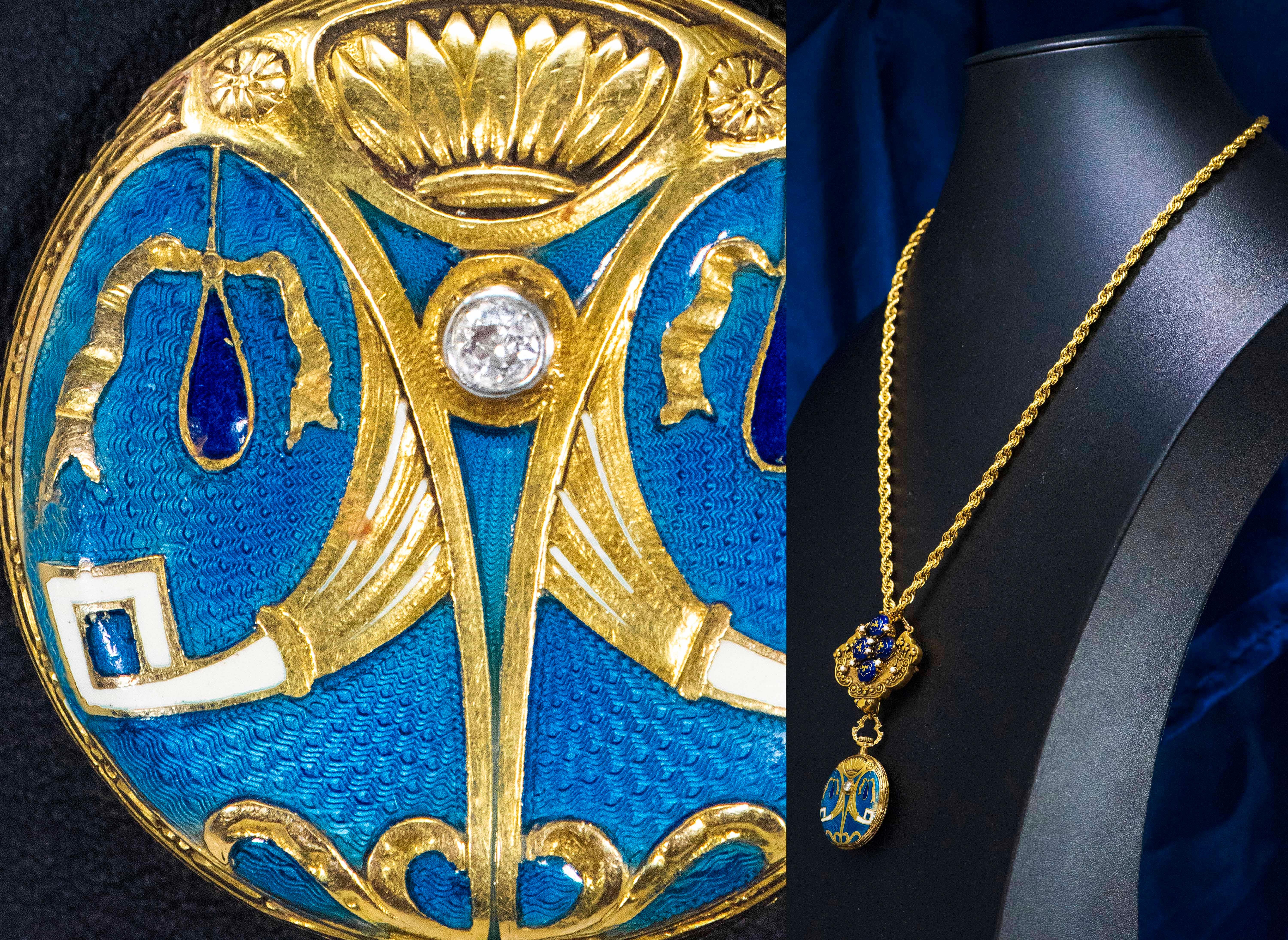 Dimensions:
The total drop when worn as a pendant on a chain is 71mm in length
from the top of pin to the bottom of watch 

The Measurements of the Blue Beaded Enamel Bee Motif & Pearl Set Lapel  Pin alone which is detachable is  31mm length x 35mm