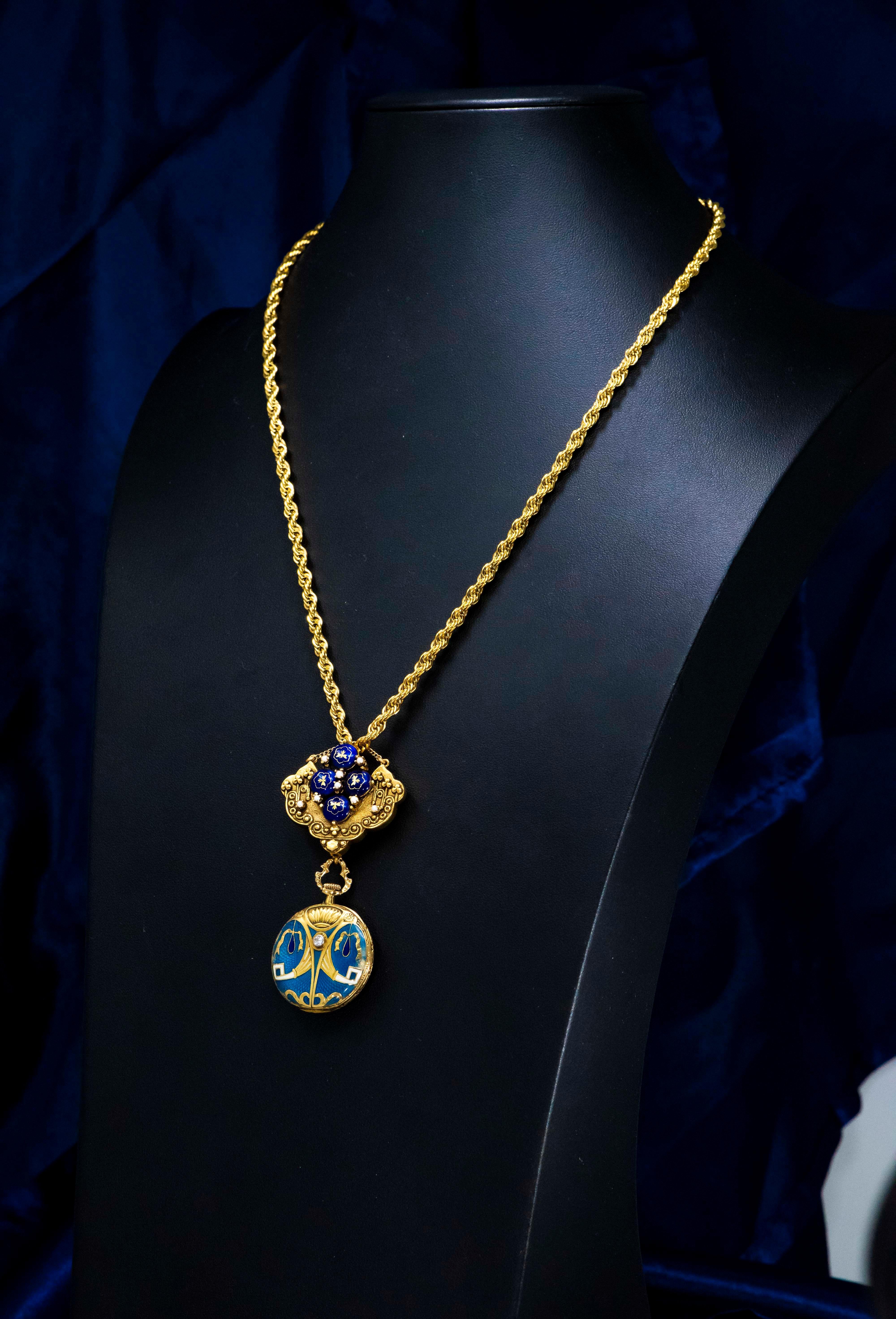 Belle Époque Late 1800s Egyptian Revival Pearl Enamel Diamond Longines Pendant Brooch Watch For Sale