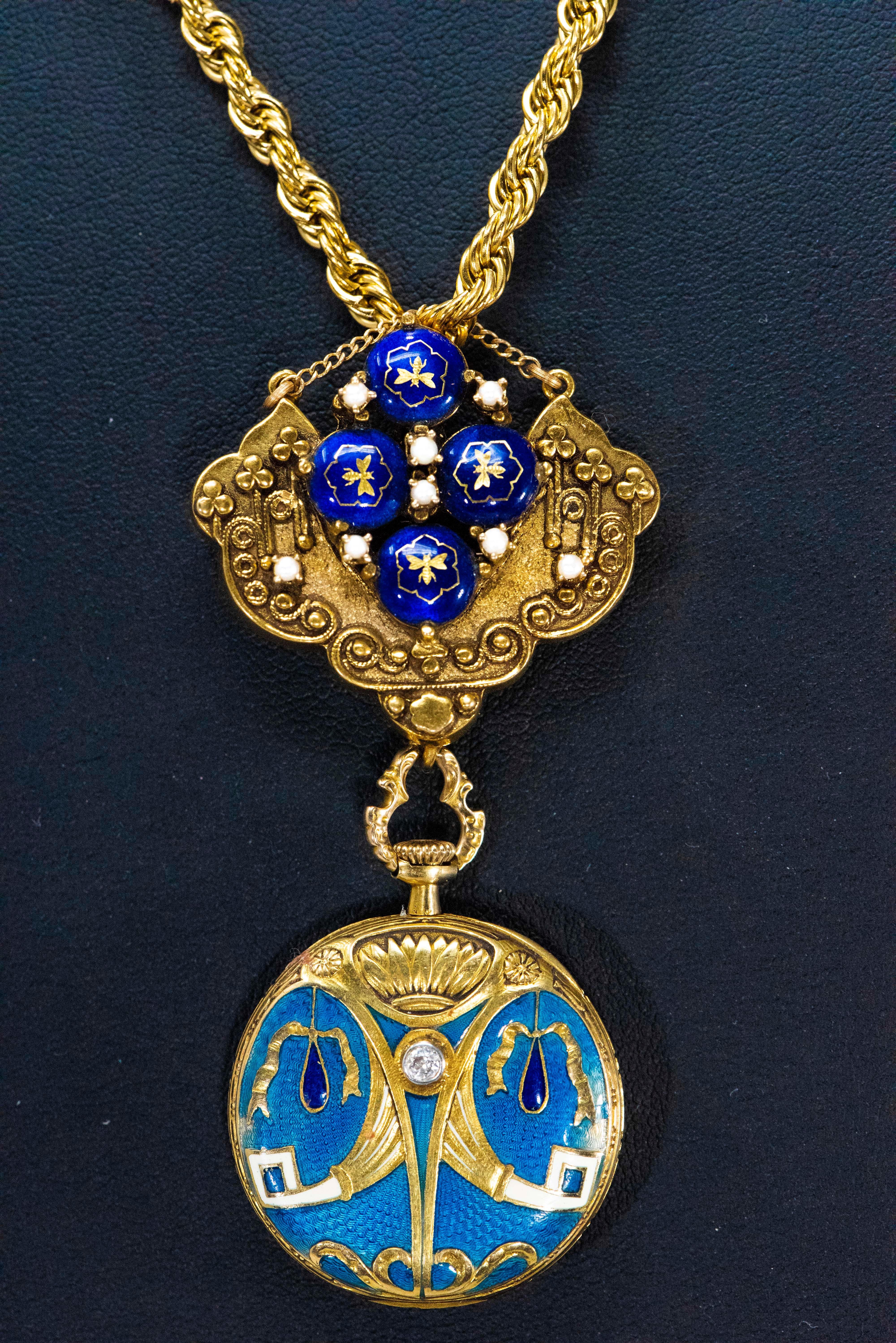 Round Cut Late 1800s Egyptian Revival Pearl Enamel Diamond Longines Pendant Brooch Watch For Sale