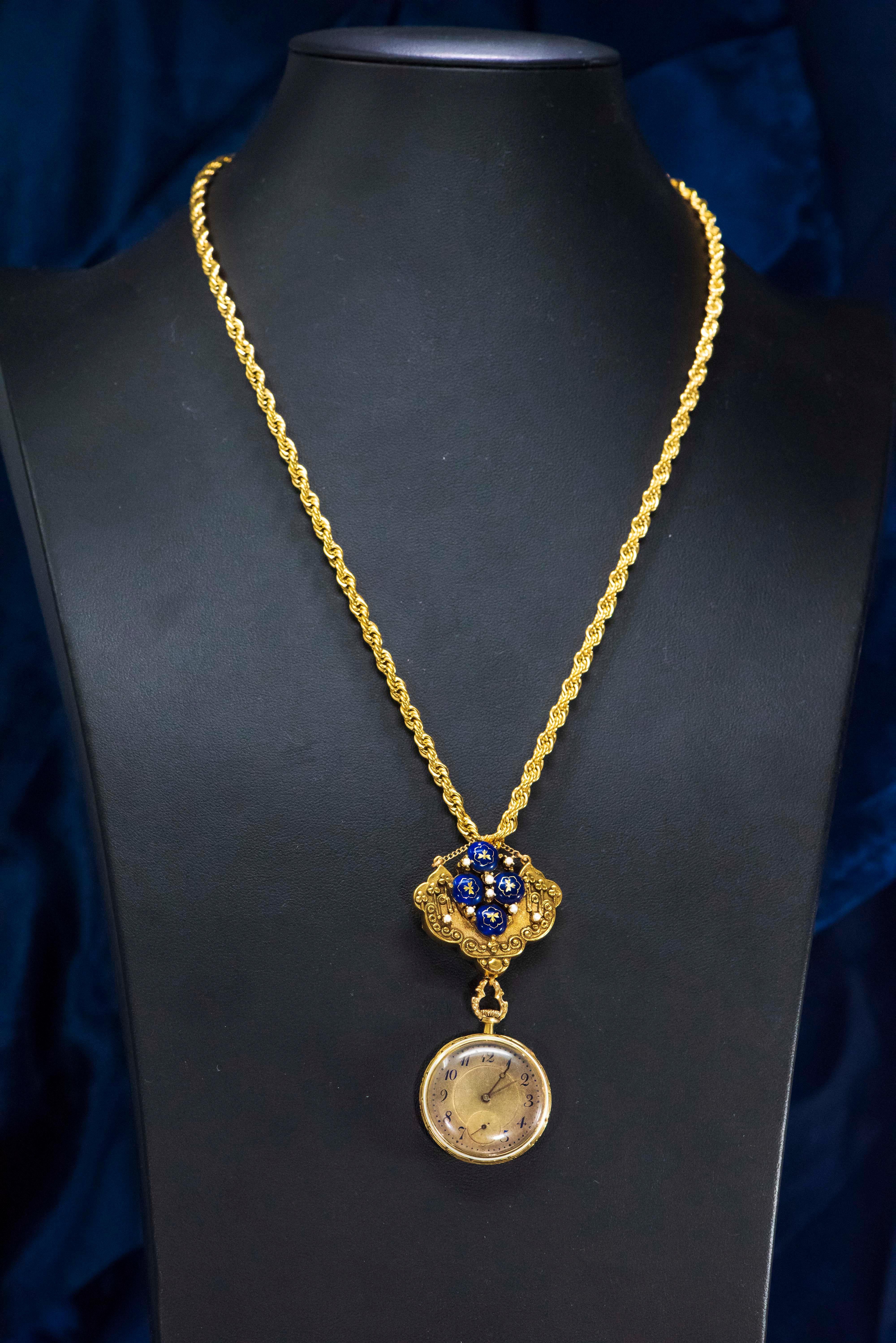 Women's or Men's Late 1800s Egyptian Revival Pearl Enamel Diamond Longines Pendant Brooch Watch For Sale