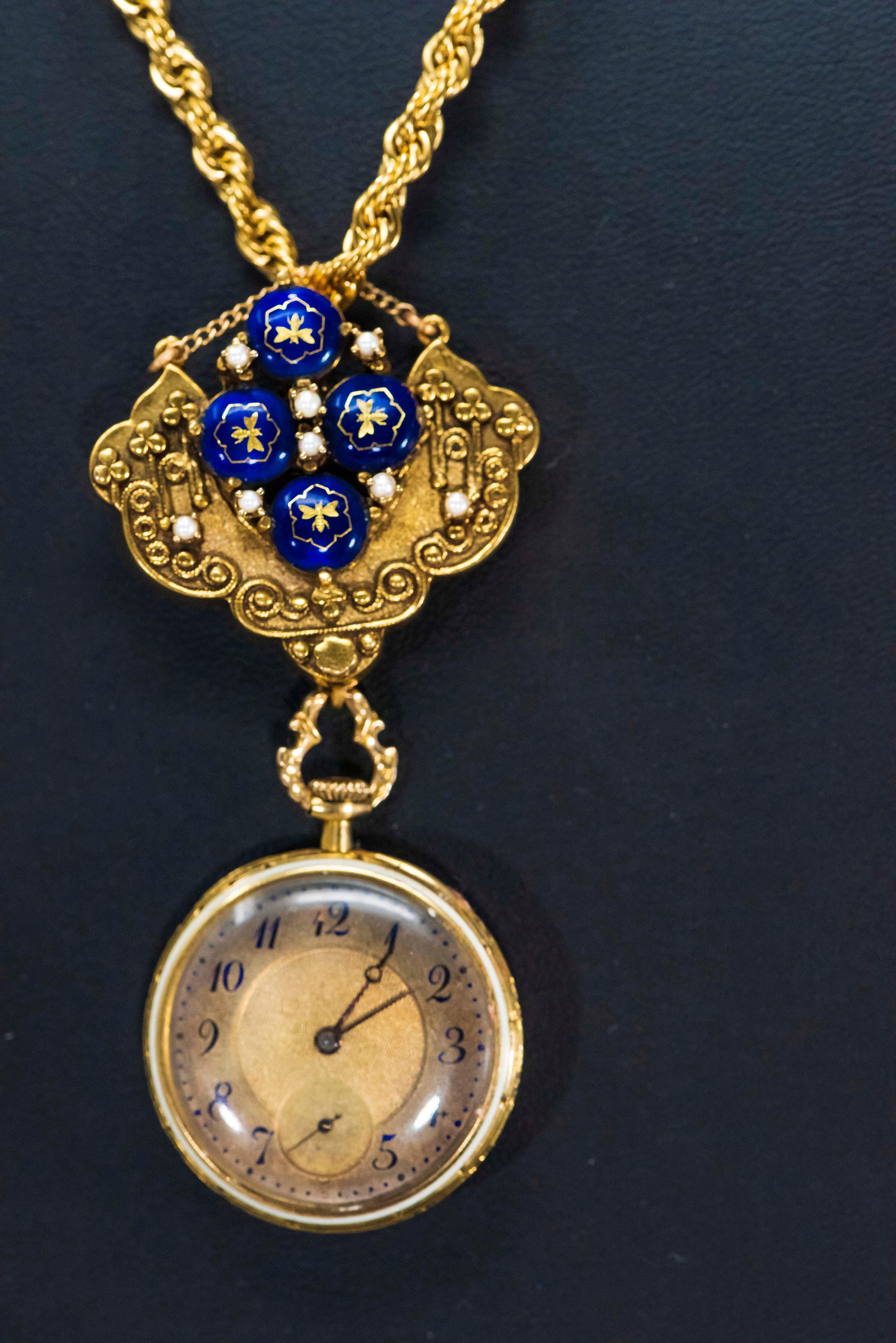 Late 1800s Egyptian Revival Pearl Enamel Diamond Longines Pendant Brooch Watch For Sale 1
