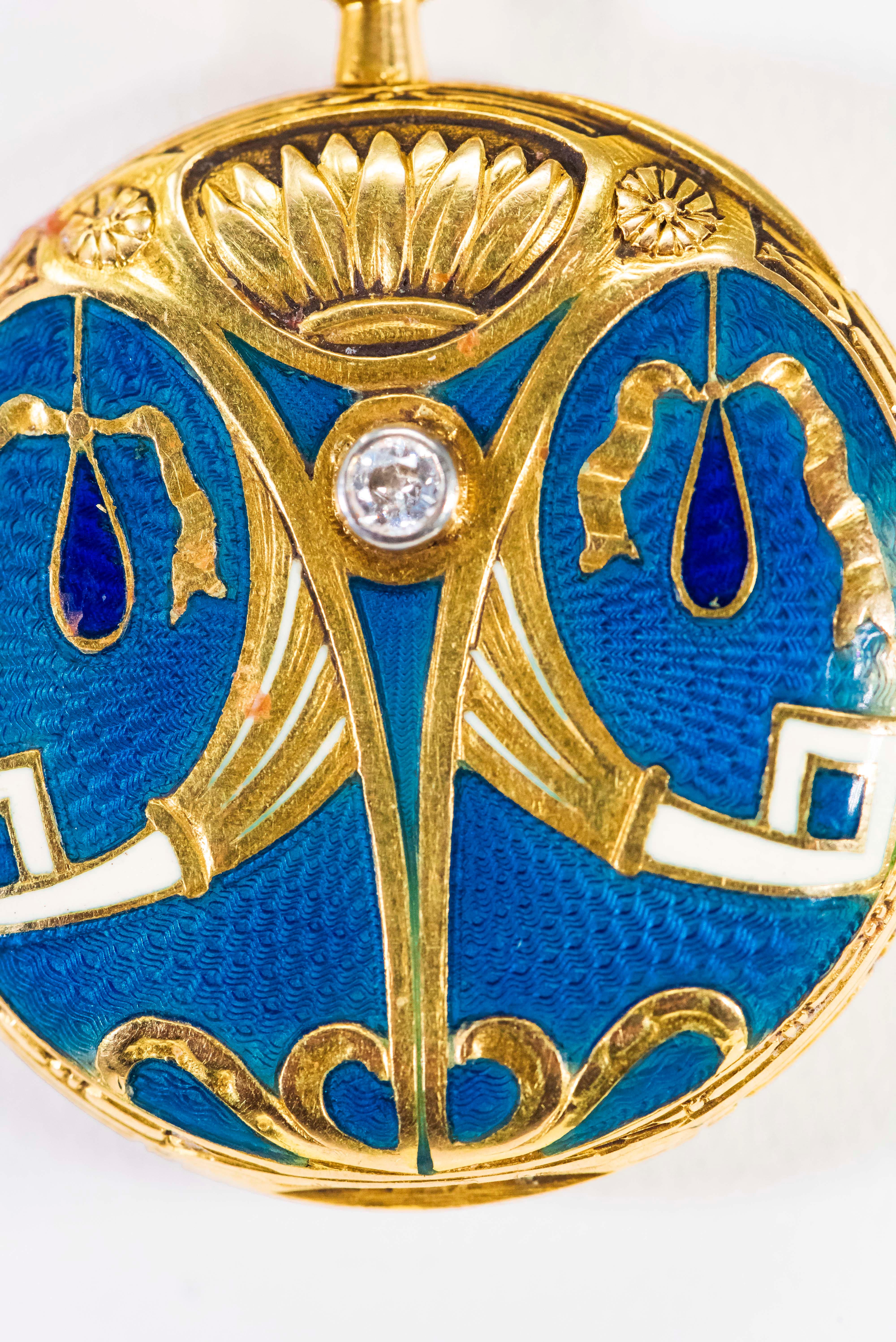 Late 1800s Egyptian Revival Pearl Enamel Diamond Longines Pendant Brooch Watch For Sale 2