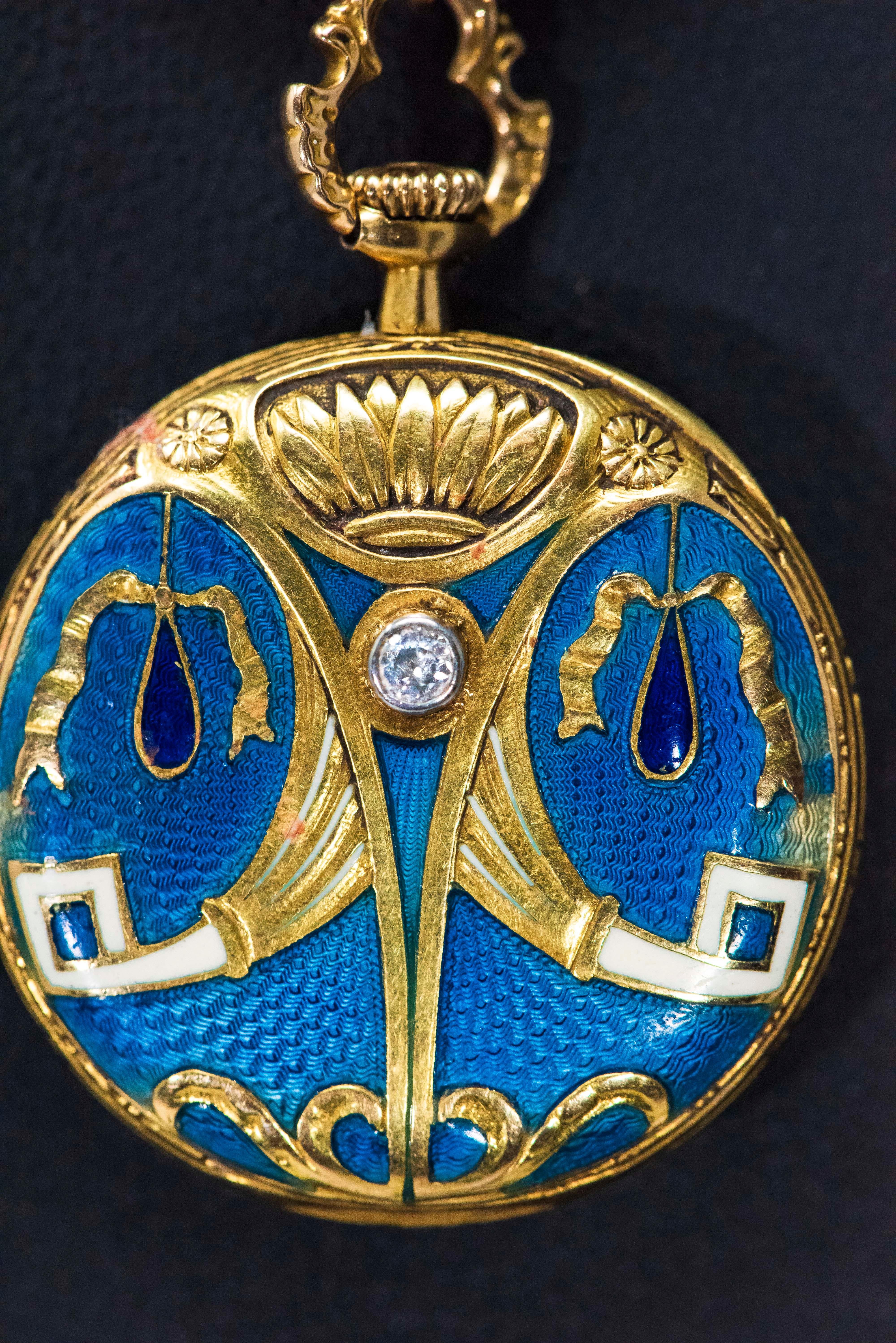 Late 1800s Egyptian Revival Pearl Enamel Diamond Longines Pendant Brooch Watch For Sale 3