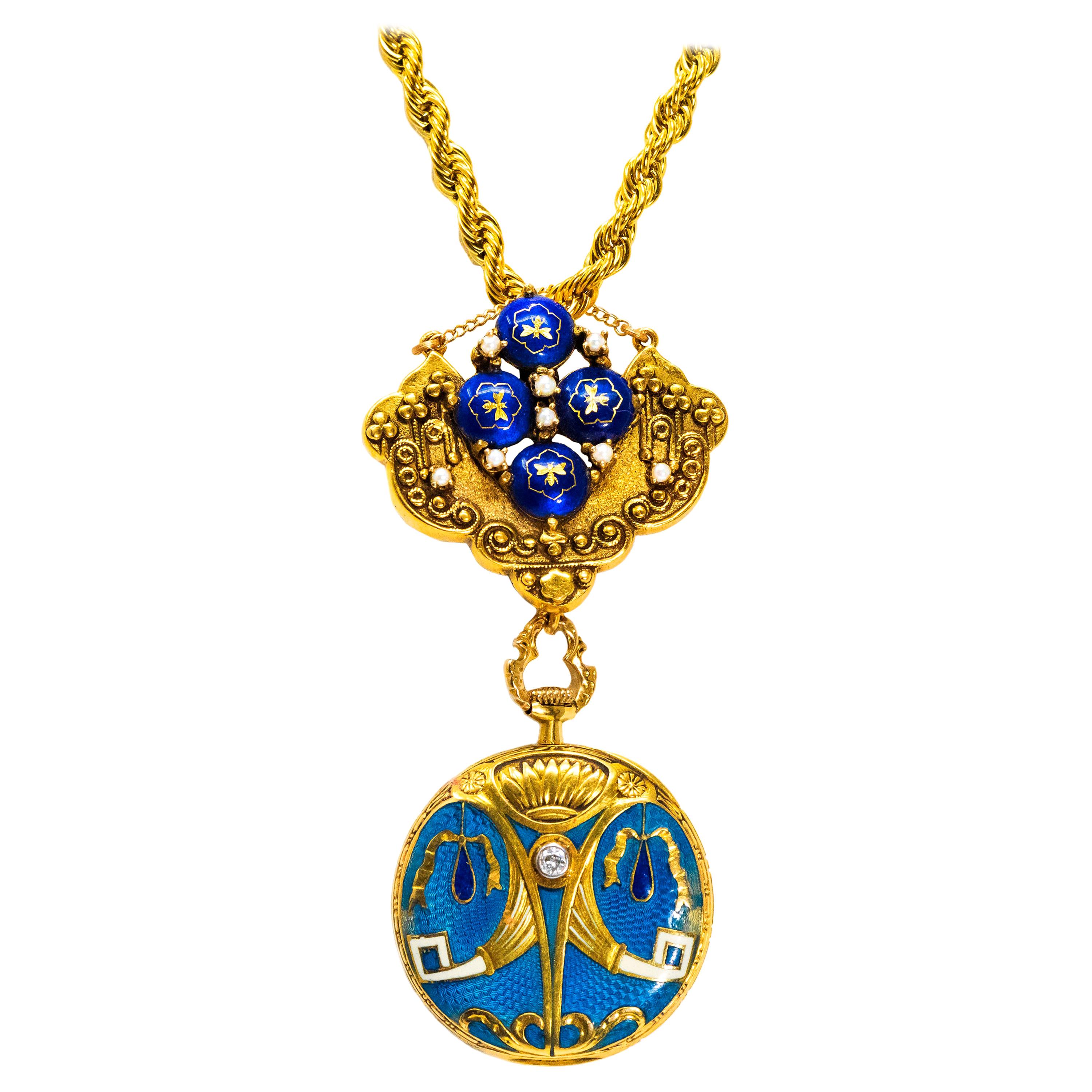 Late 1800s Egyptian Revival Pearl Enamel Diamond Longines Pendant Brooch Watch For Sale
