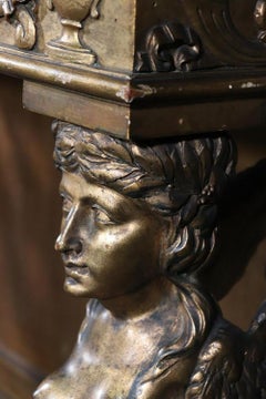 Late 1800s Era Egyptian Revival Gilded Carved Figural Marble-Top Console Table