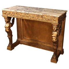 Late 1800s Era Egyptian Revival Gilded Carved Figural Marble-Top Console Table