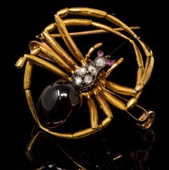 Late 1800s French 18kt Gold Diamond & Ruby Spider Brooch