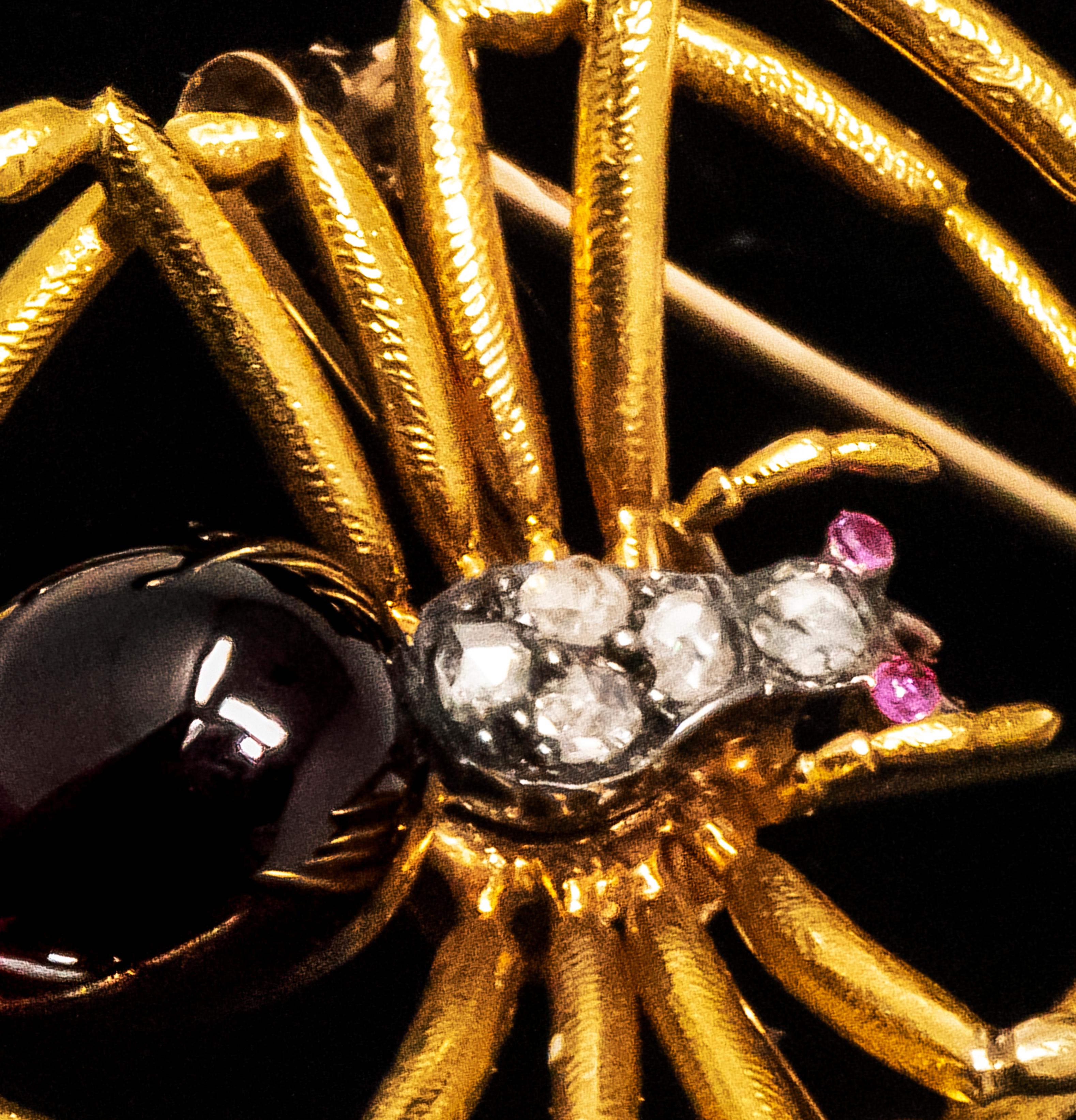 Ende 1800er Französisch 18kt Gold Diamant & Rubin Spinne Brosche für Damen oder Herren