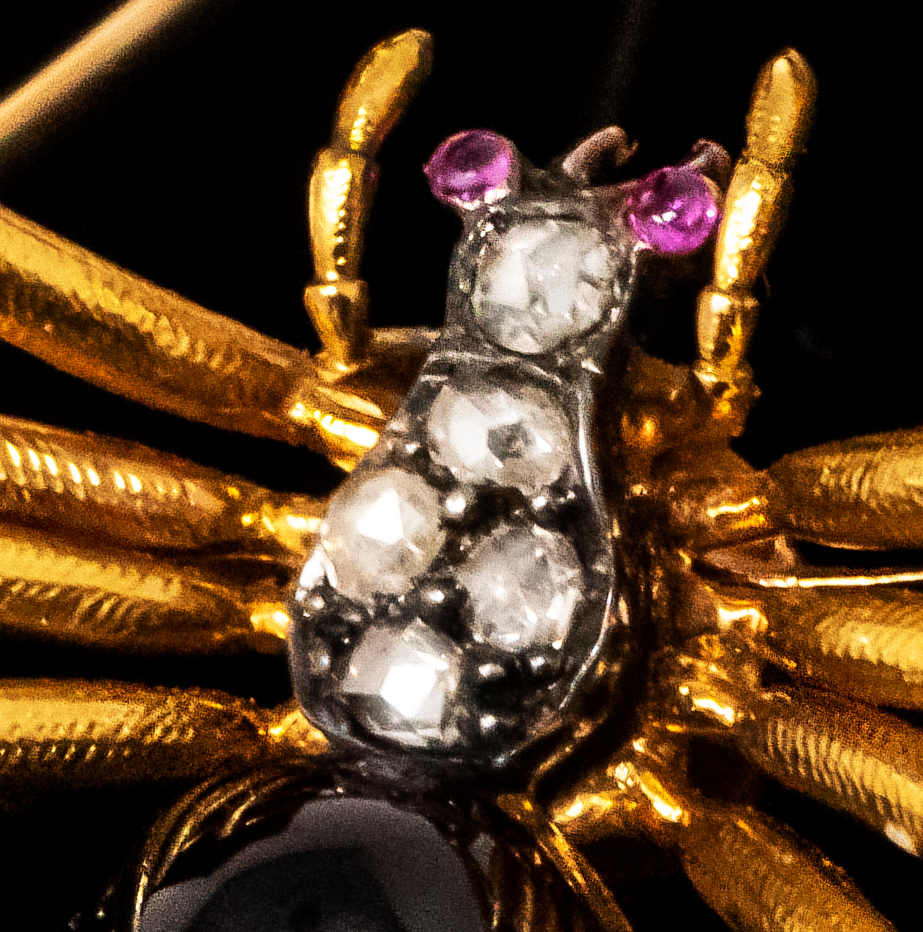 Ende 1800er Französisch 18kt Gold Diamant & Rubin Spinne Brosche 1