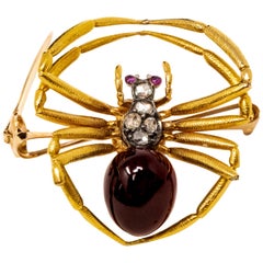 Antique Late 1800s French 18kt Gold Diamond & Ruby Spider Brooch