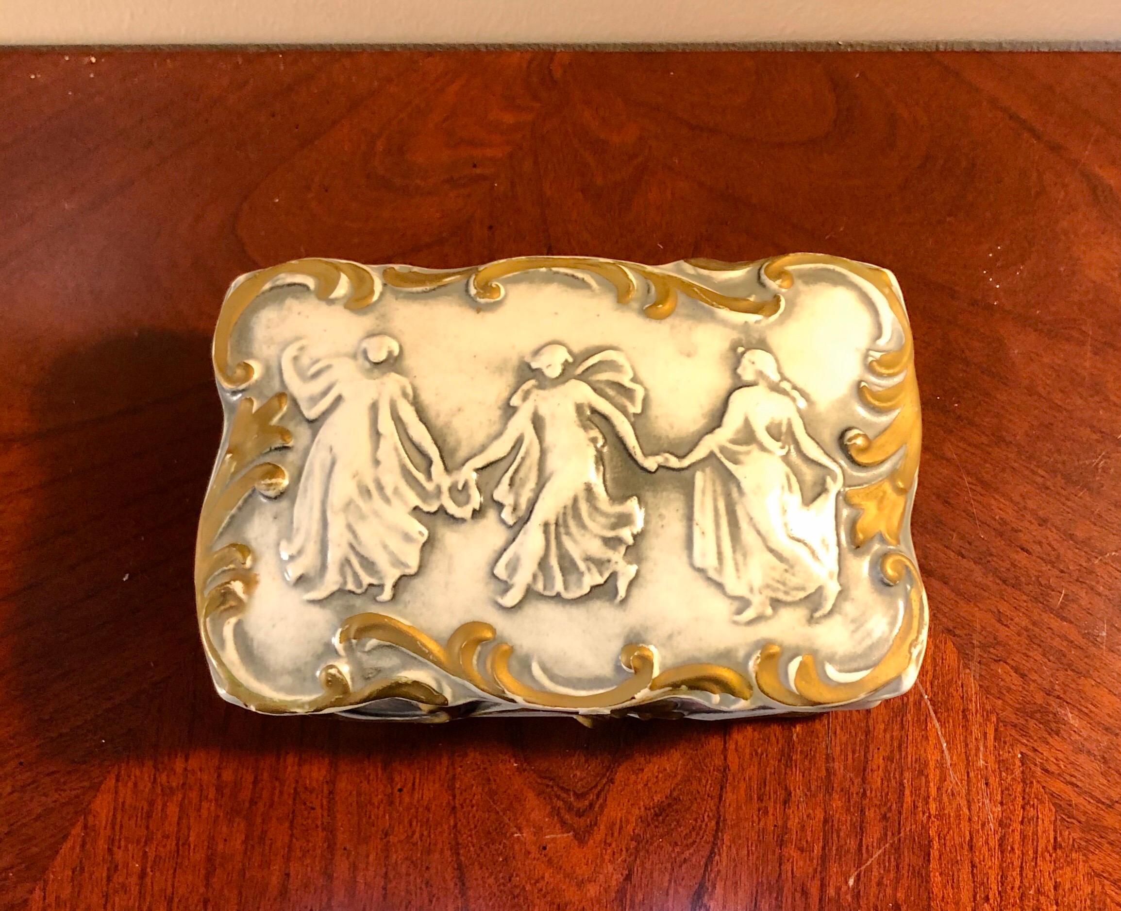 Late 1800s French Bisque Porcelain Gilt Trinket Box with Trays, Three Graces For Sale 8