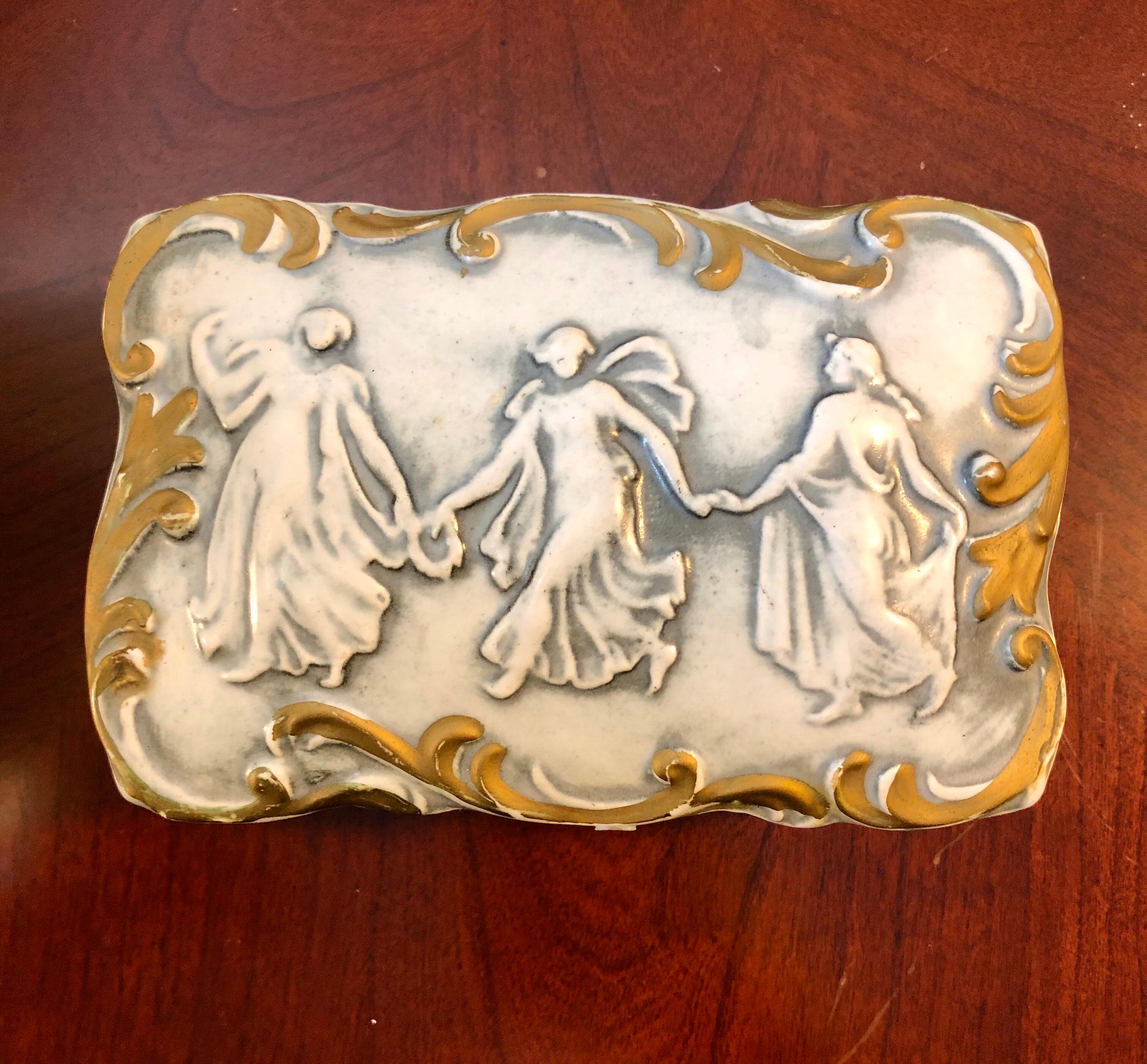 Art Nouveau Late 1800s French Bisque Porcelain Gilt Trinket Box with Trays, Three Graces For Sale