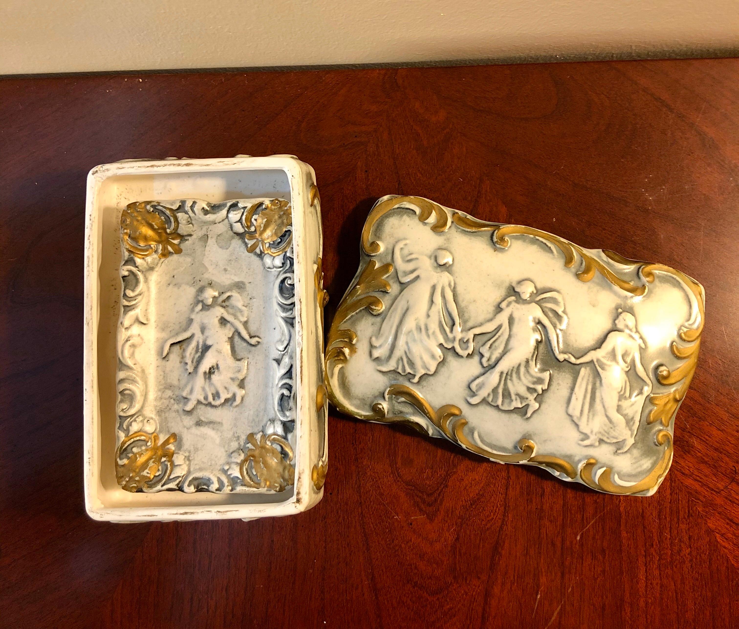 Fired Late 1800s French Bisque Porcelain Gilt Trinket Box with Trays, Three Graces For Sale