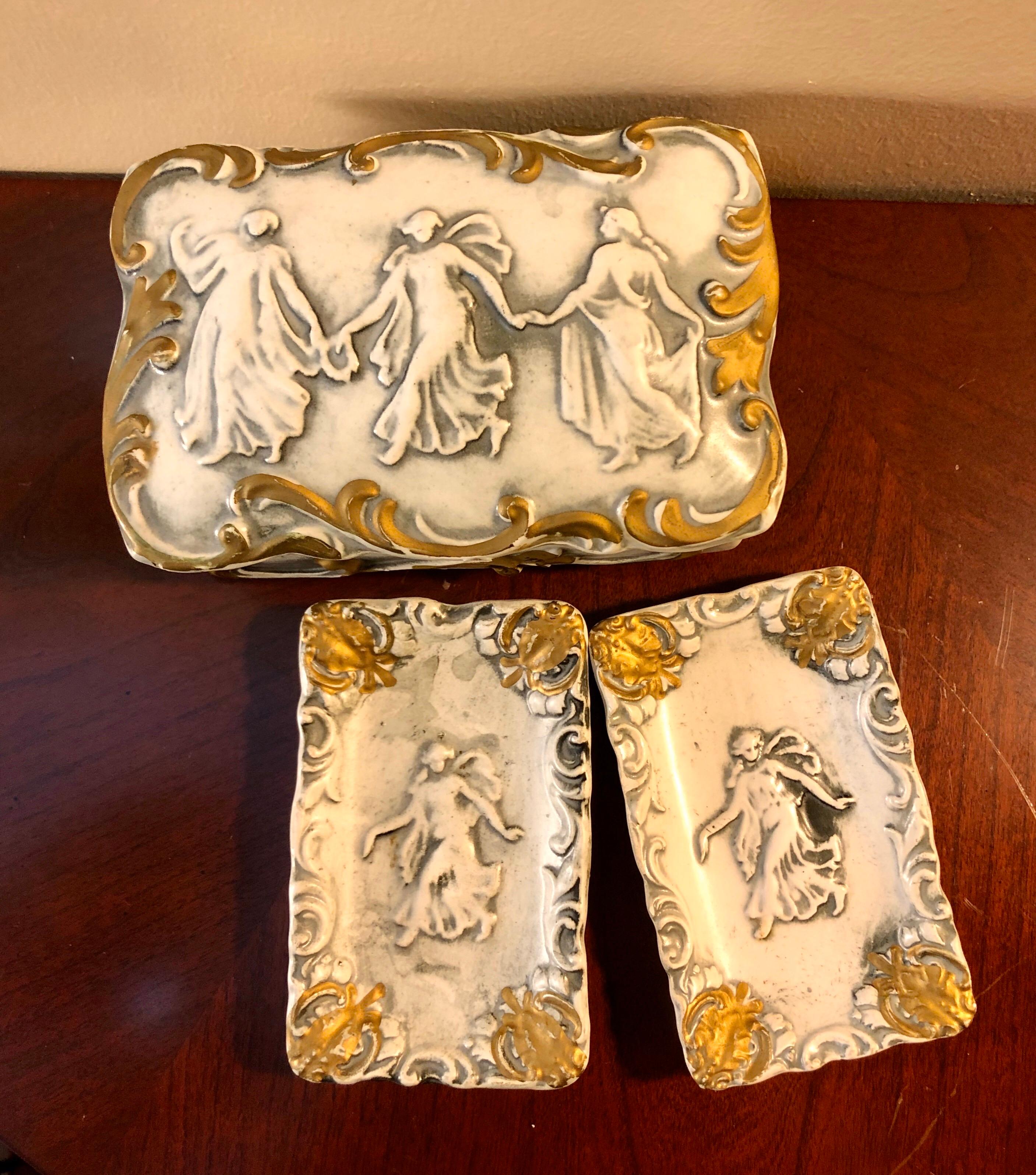 19th Century Late 1800s French Bisque Porcelain Gilt Trinket Box with Trays, Three Graces For Sale