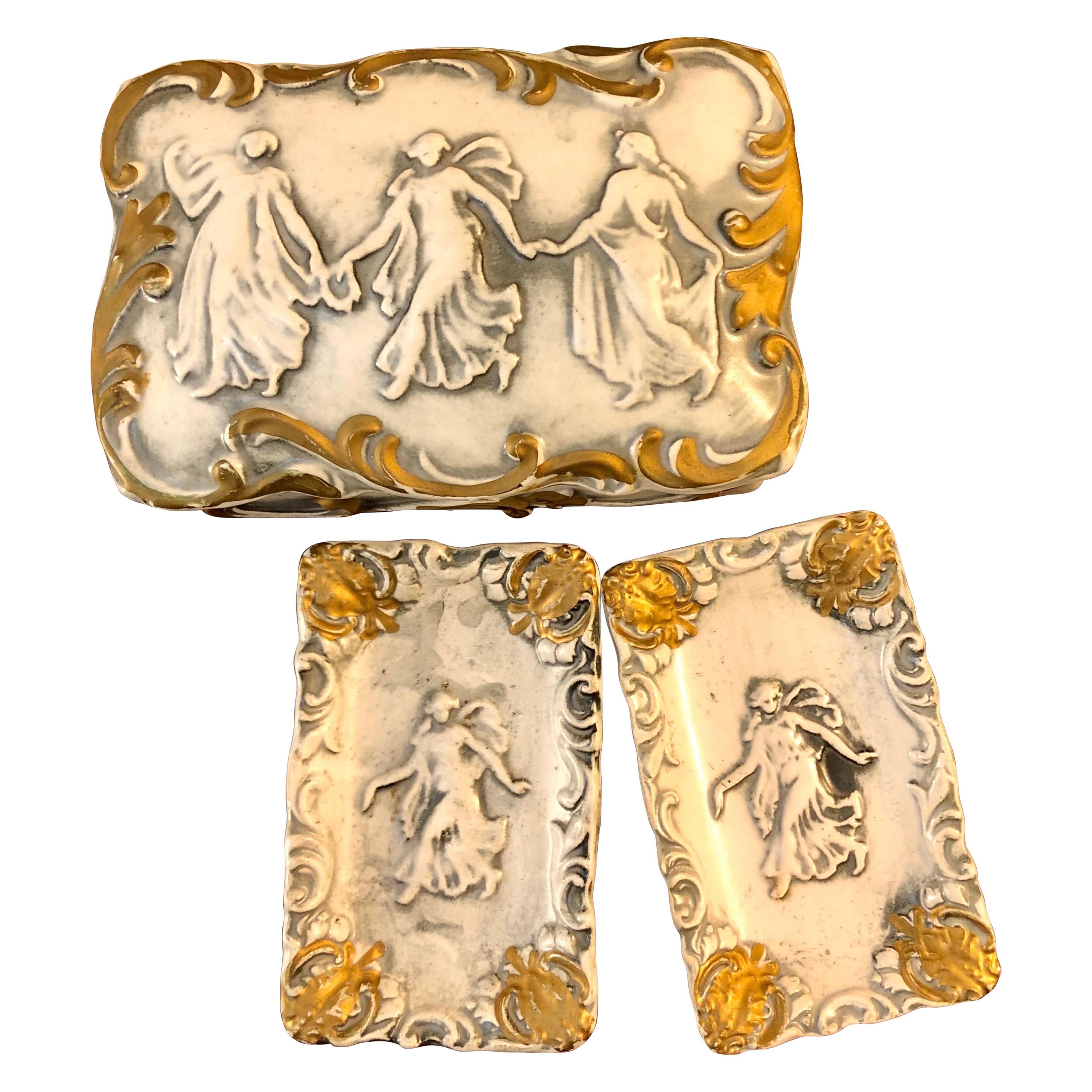 Late 1800s French Bisque Porcelain Gilt Trinket Box with Trays, Three Graces For Sale