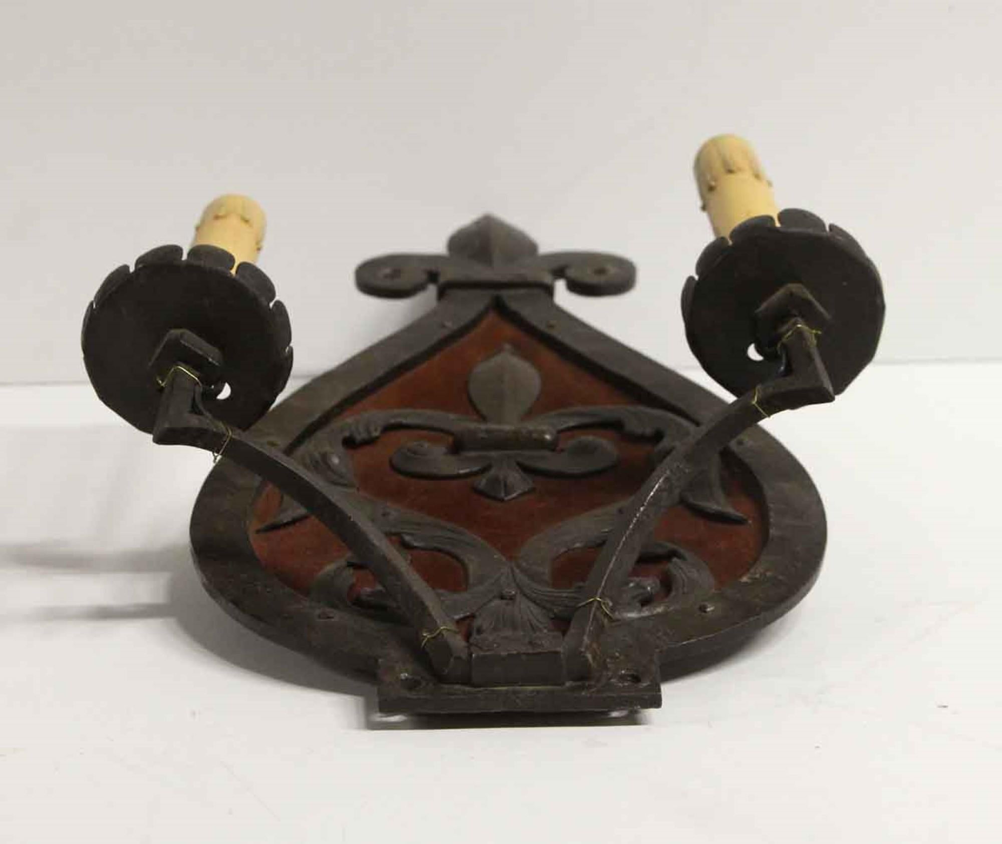 20th Century French Pair Fleur-de-Lis 2 Arm Wrought Iron Wall Sconces