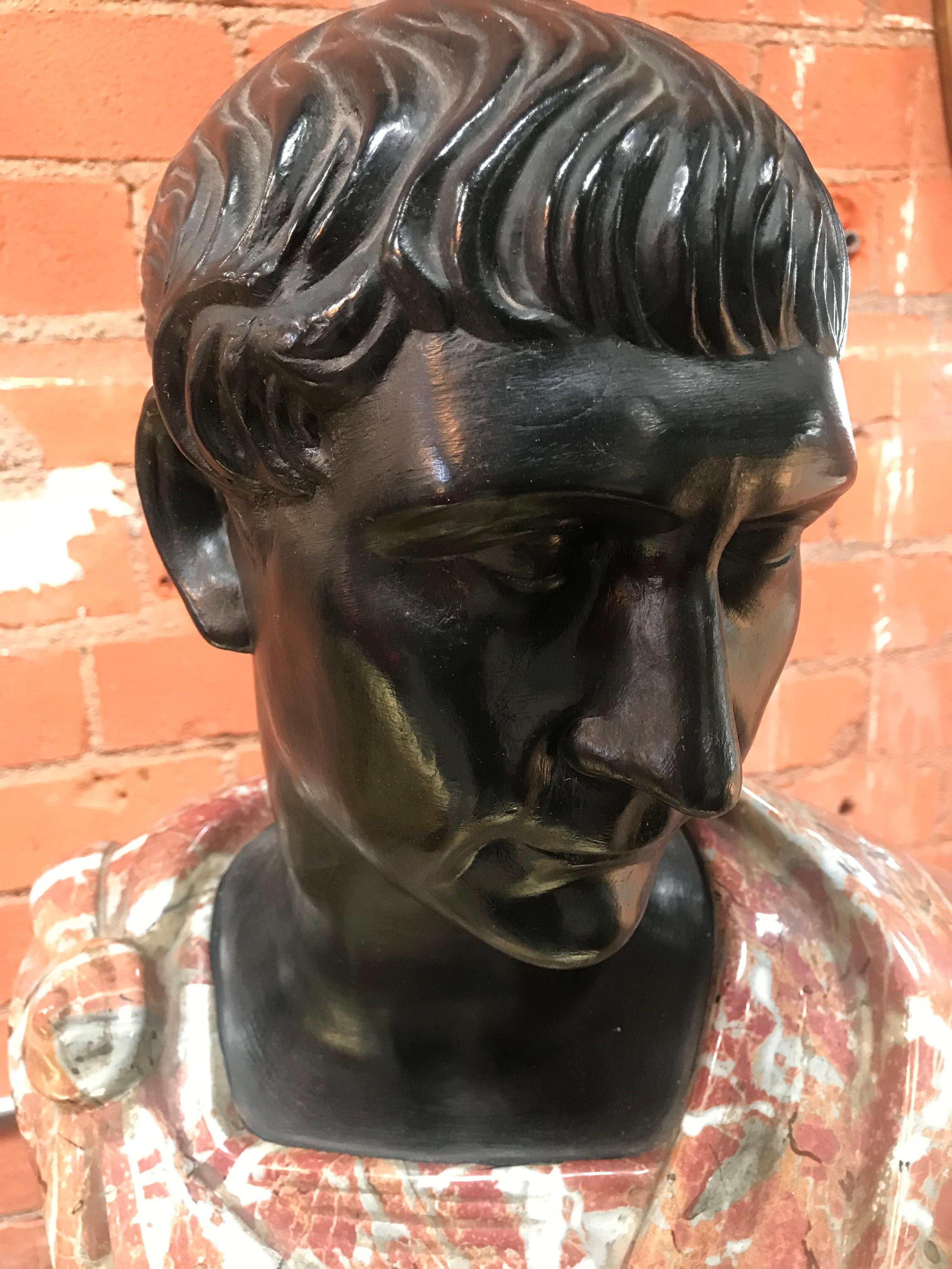 Neoclassical Late 1800s Glazed Terracotta and Marble Bust of a Youthful Augustus, Italy