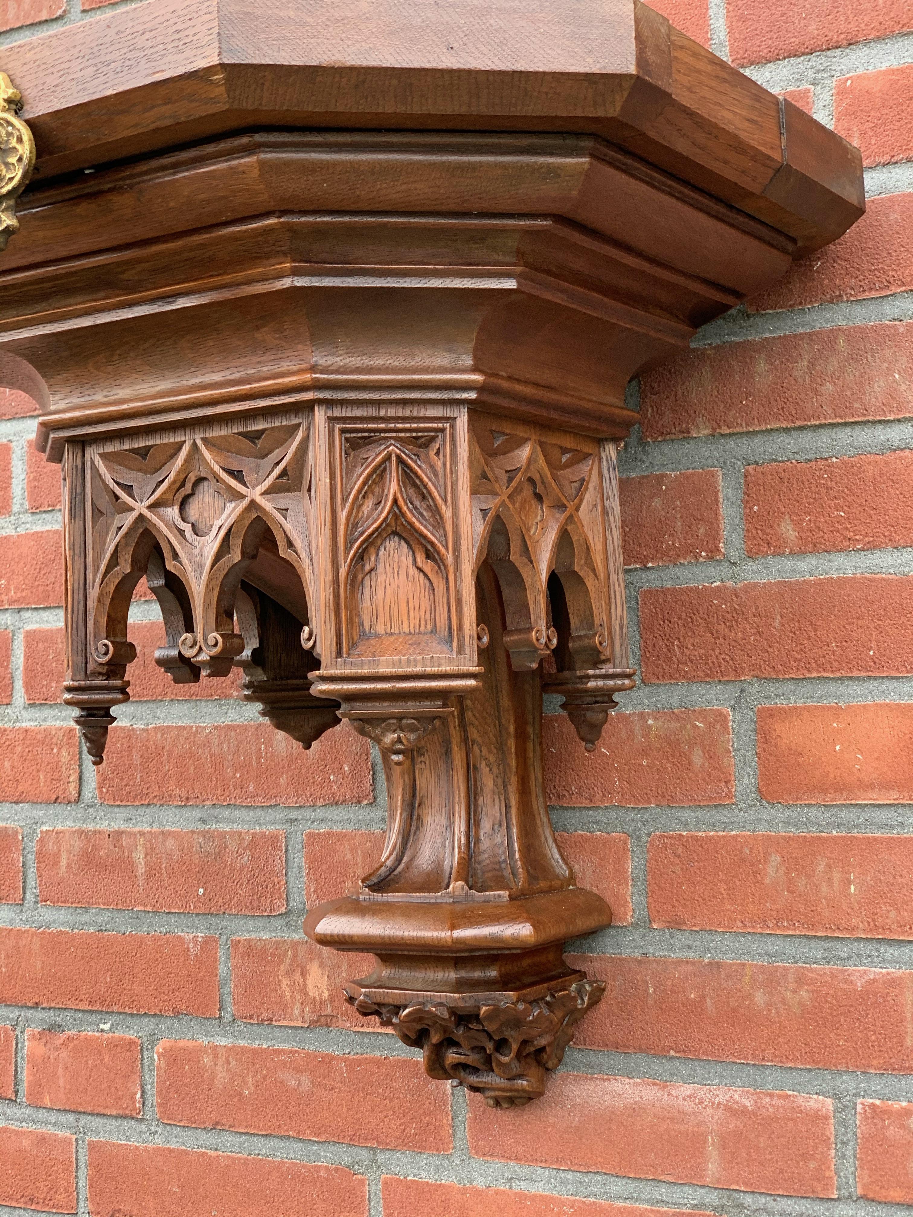 Oak Antique Hand Carved Gothic Revival Wall Bracket, Shelf w Museum Quality Carvings