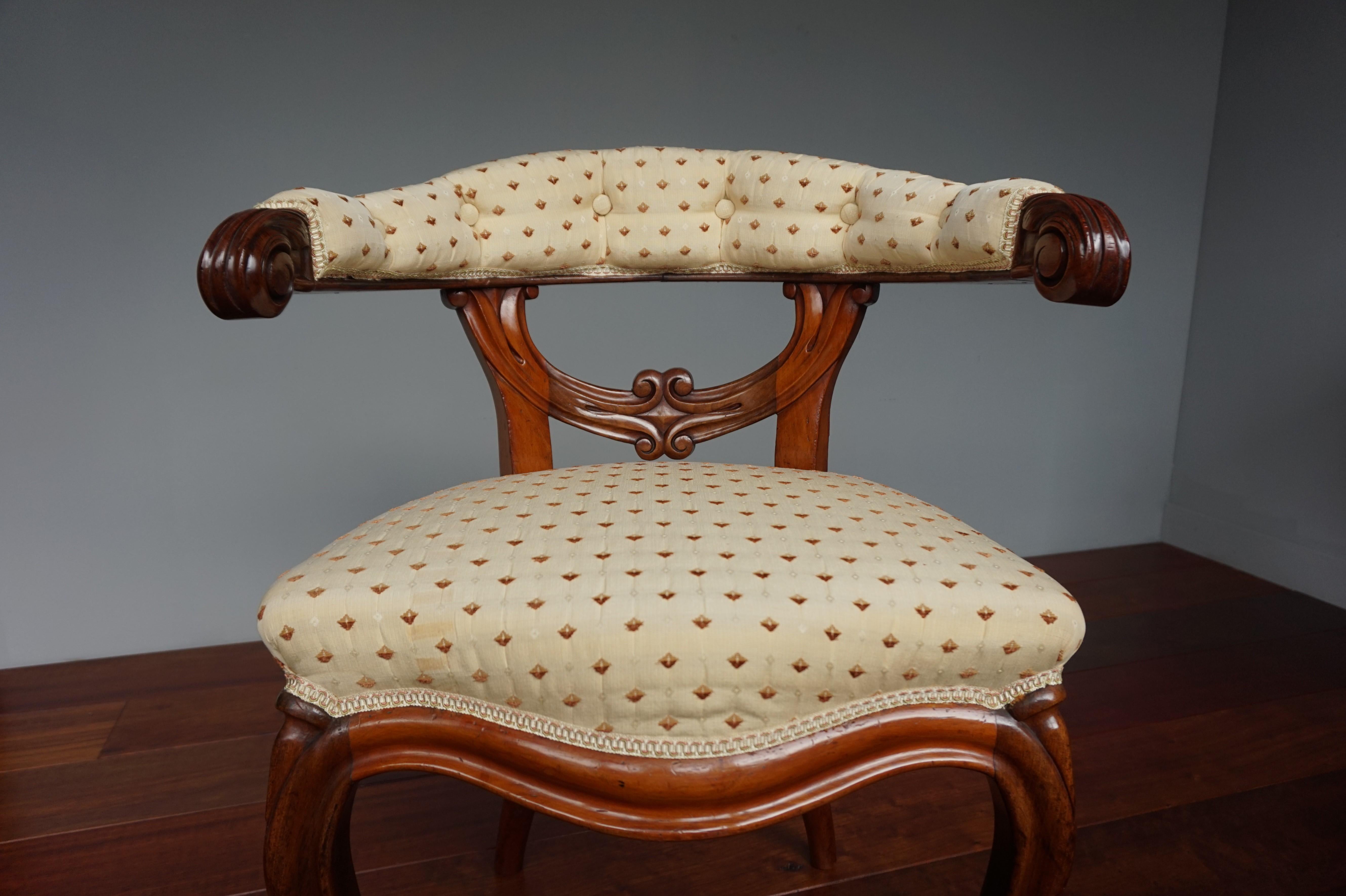 Victorian Late 1800s Hand Carved Solid Walnut Ladies Desk Chair with Perfect Upholstery For Sale