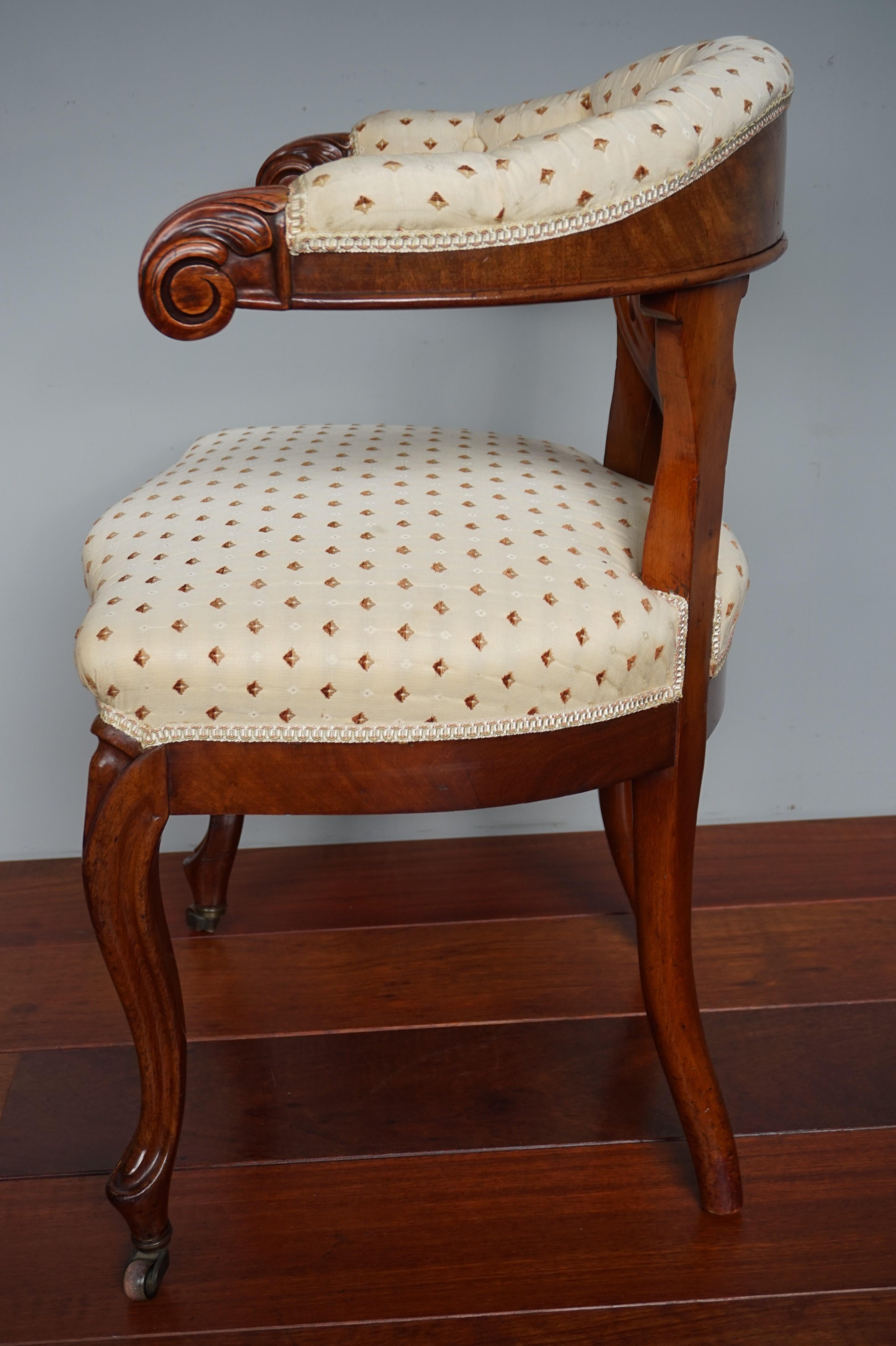 Late 1800s Hand Carved Solid Walnut Ladies Desk Chair with Perfect Upholstery For Sale 1