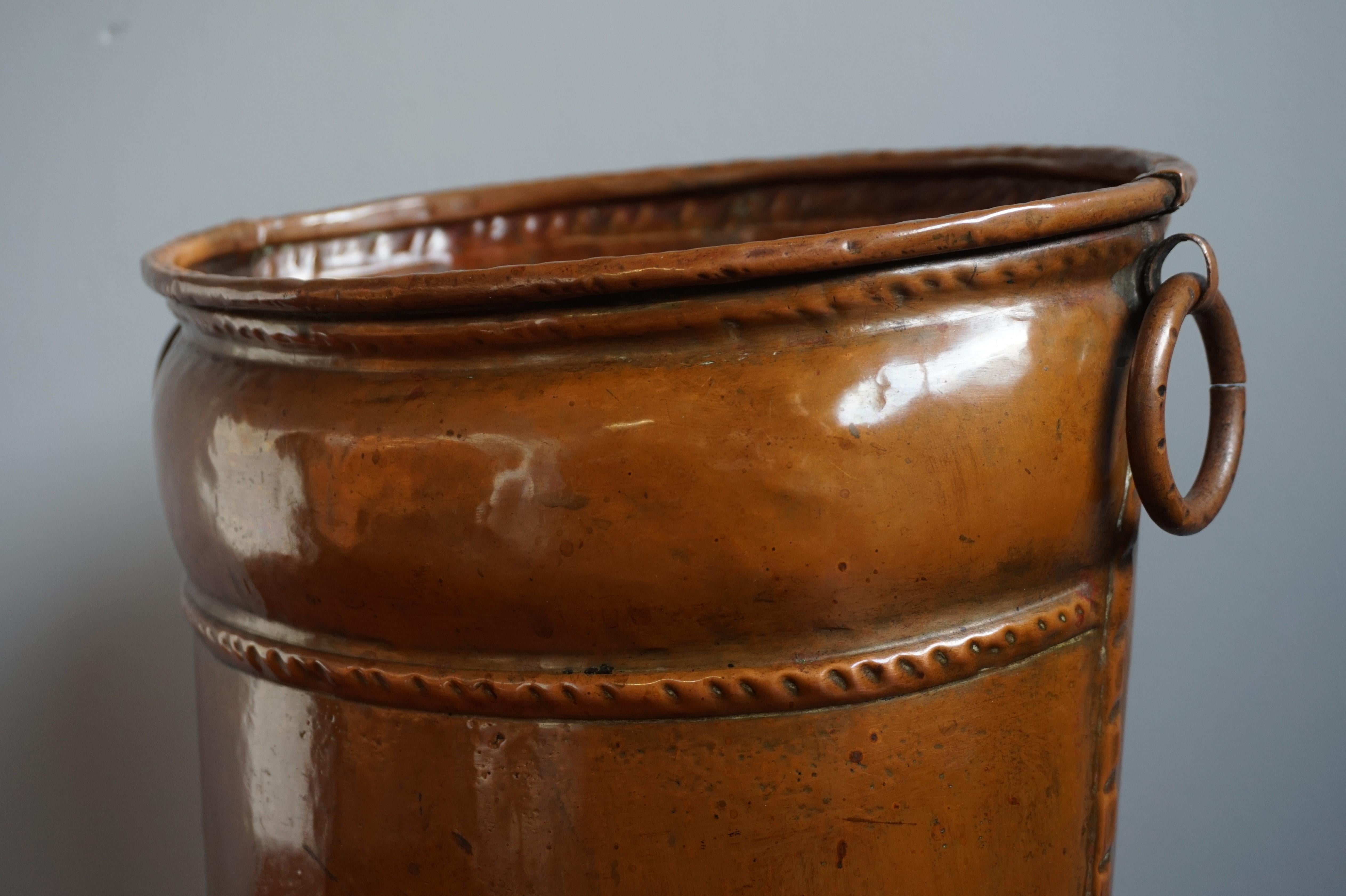 19th Century Late 1800s Handcrafted Copper Umbrella Stand Resembling Ancient Leather Bucket For Sale