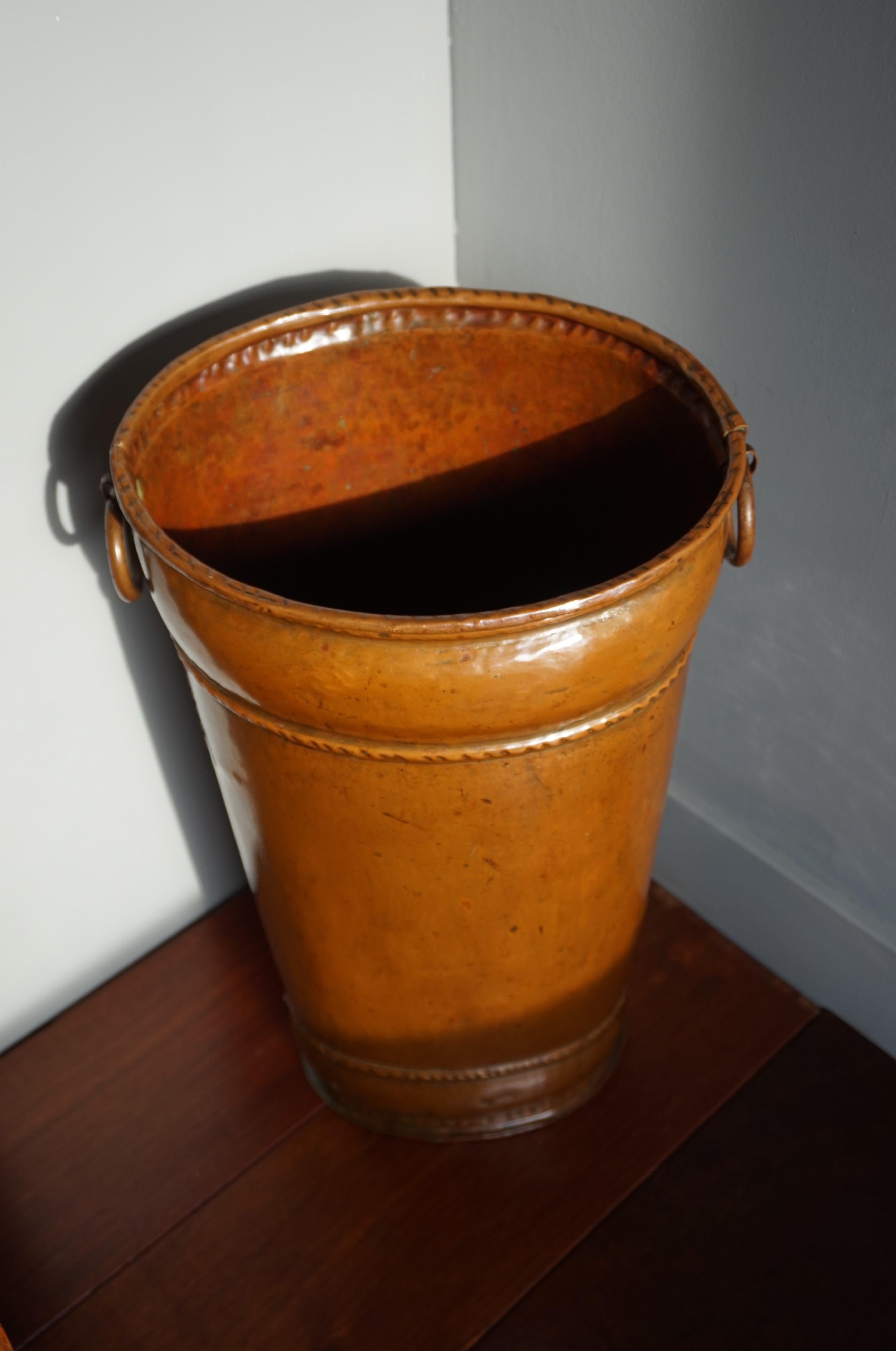 Swiss Late 1800s Handcrafted Copper Umbrella Stand Resembling Ancient Leather Bucket For Sale