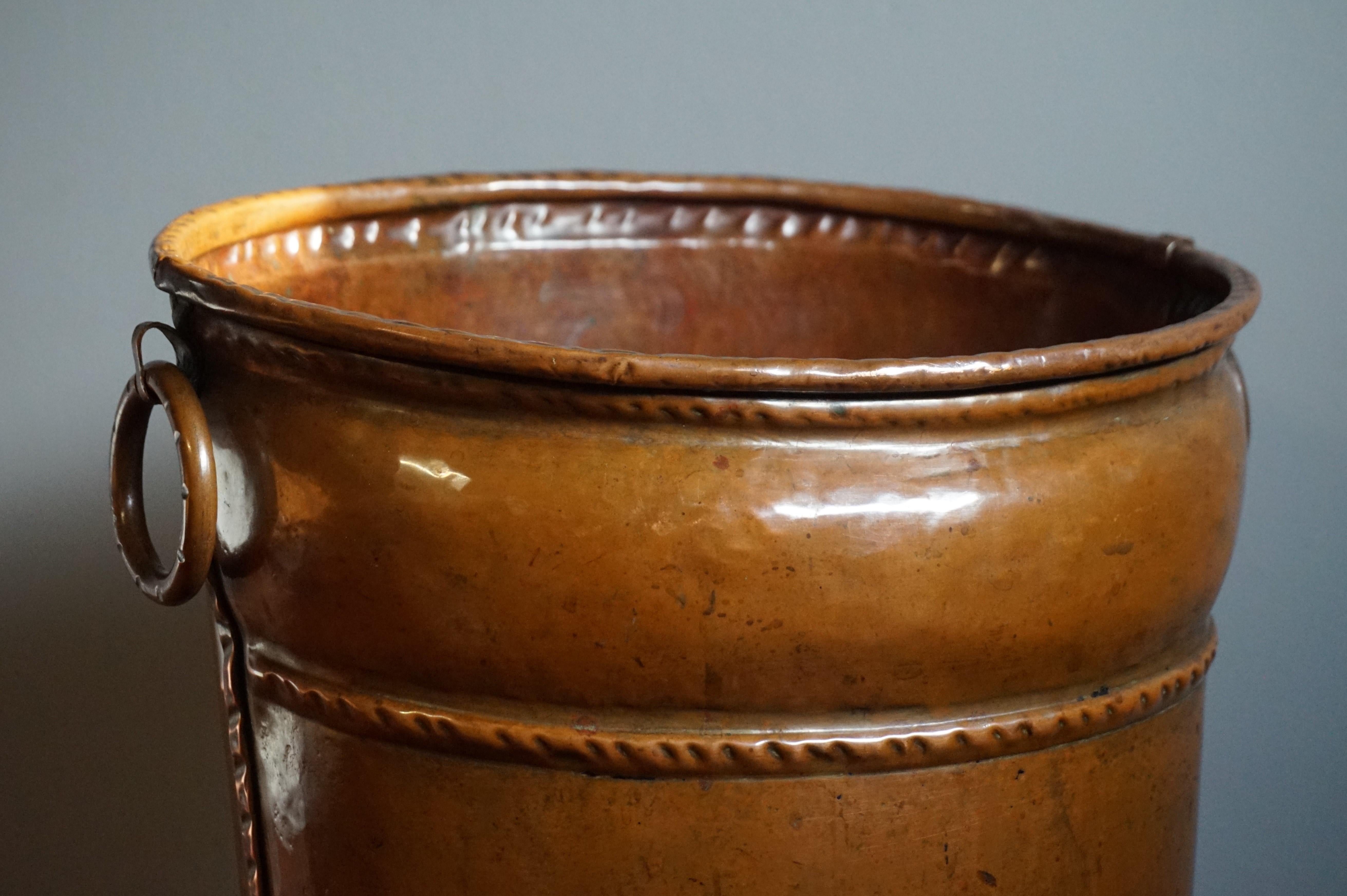 Hand-Crafted Late 1800s Handcrafted Copper Umbrella Stand Resembling Ancient Leather Bucket For Sale